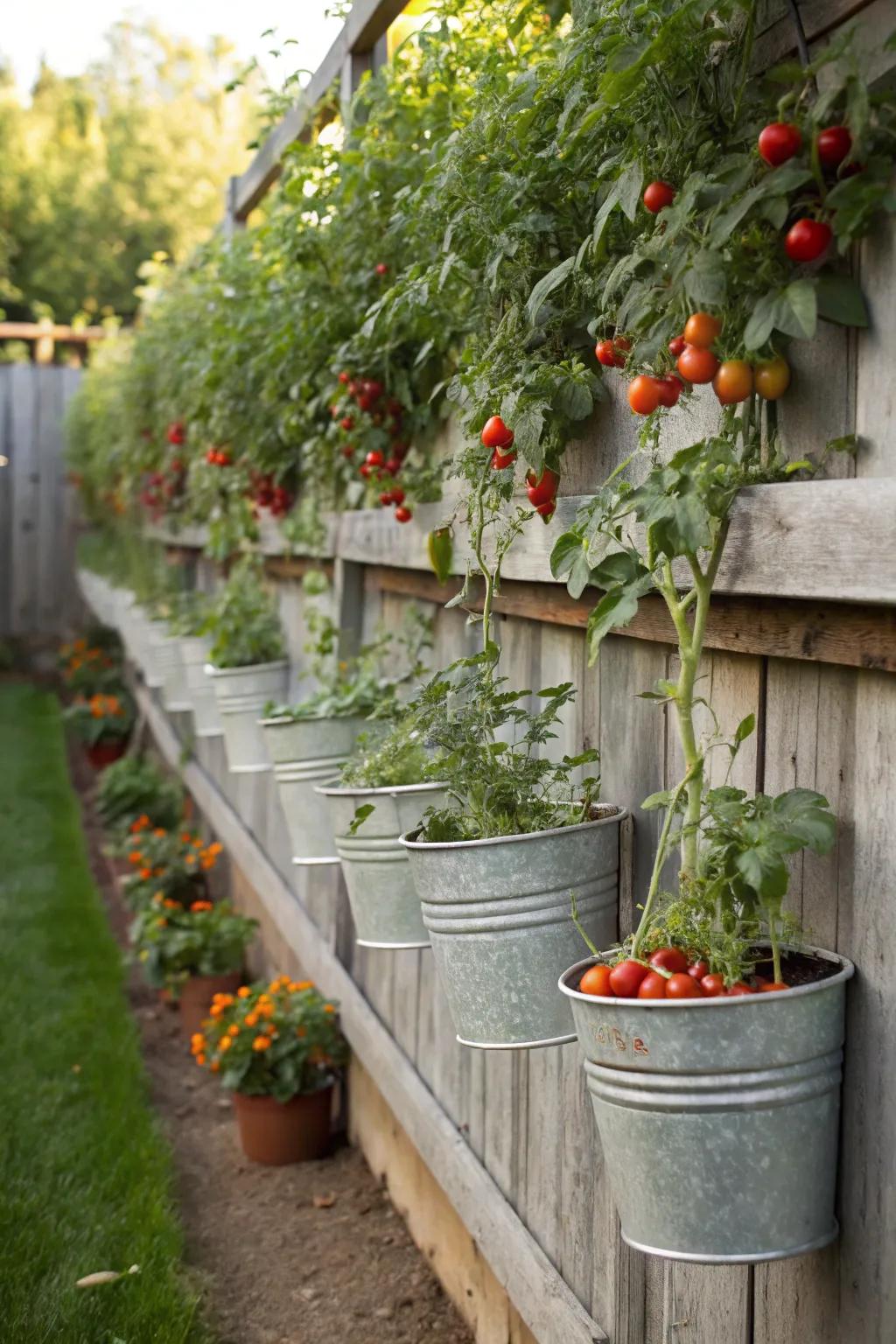 Hanging buckets showcasing trailing tomato plants, creating a vertical garden.
