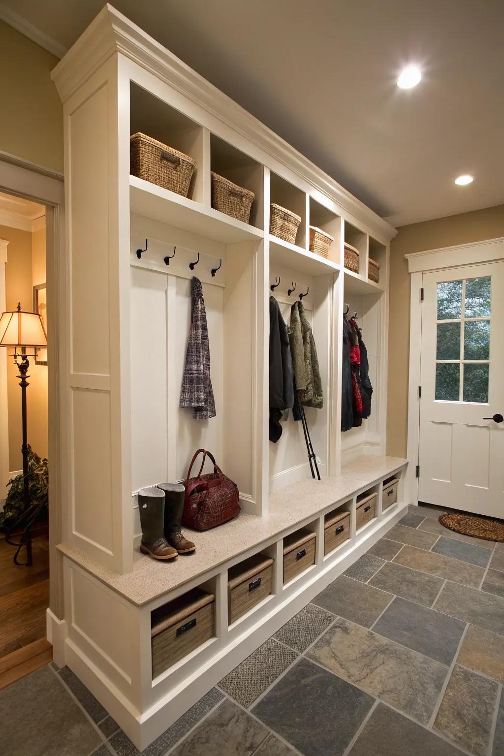 A mudroom renewed with integrated storage units.