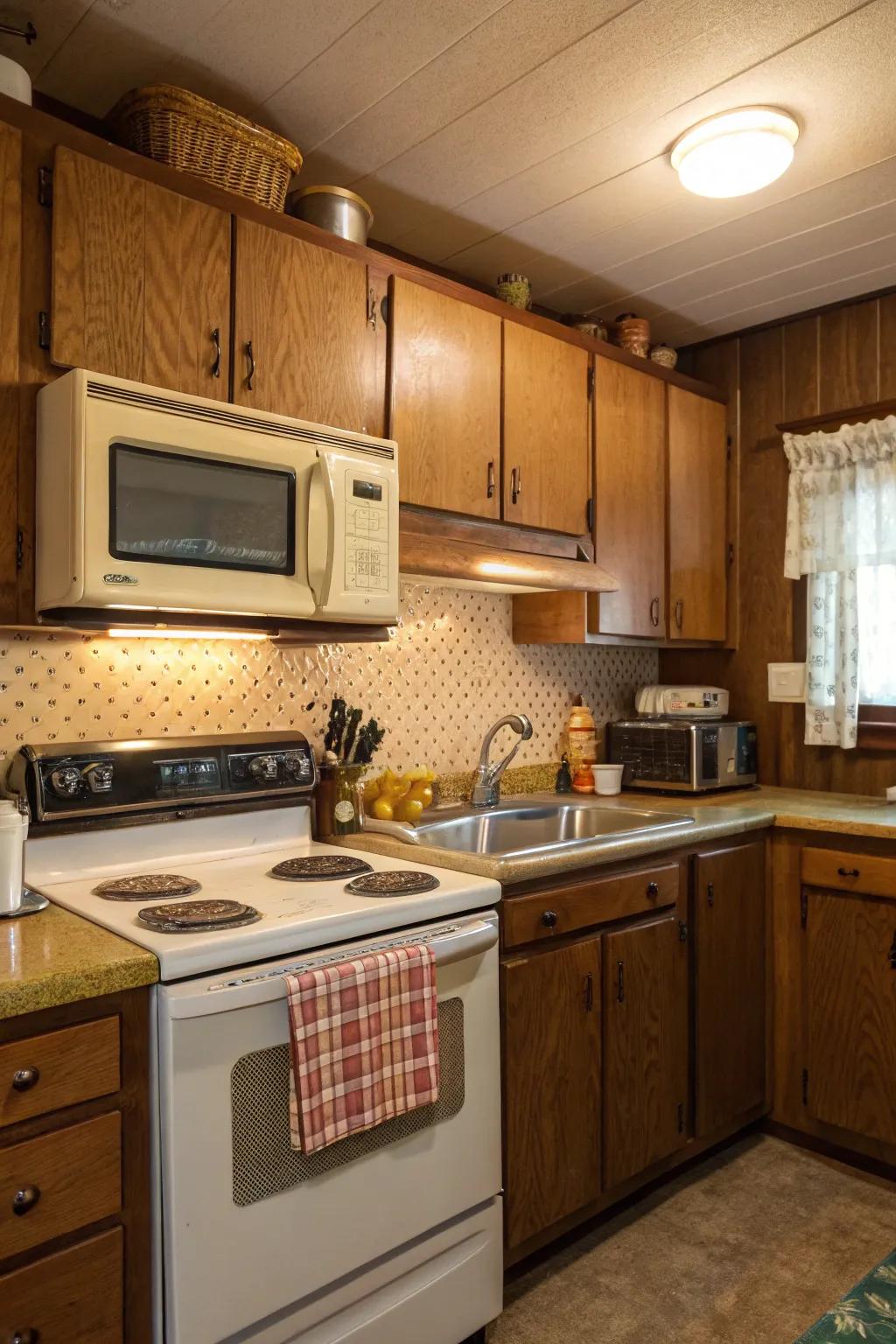 Traditional kitchen layout with a microwave situated over the cooktop.