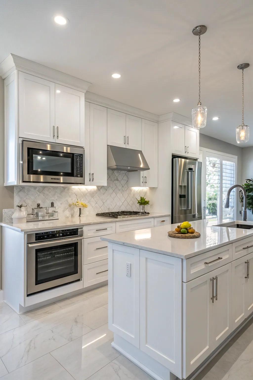A microwave stylishly recessed into the cooking area wall.