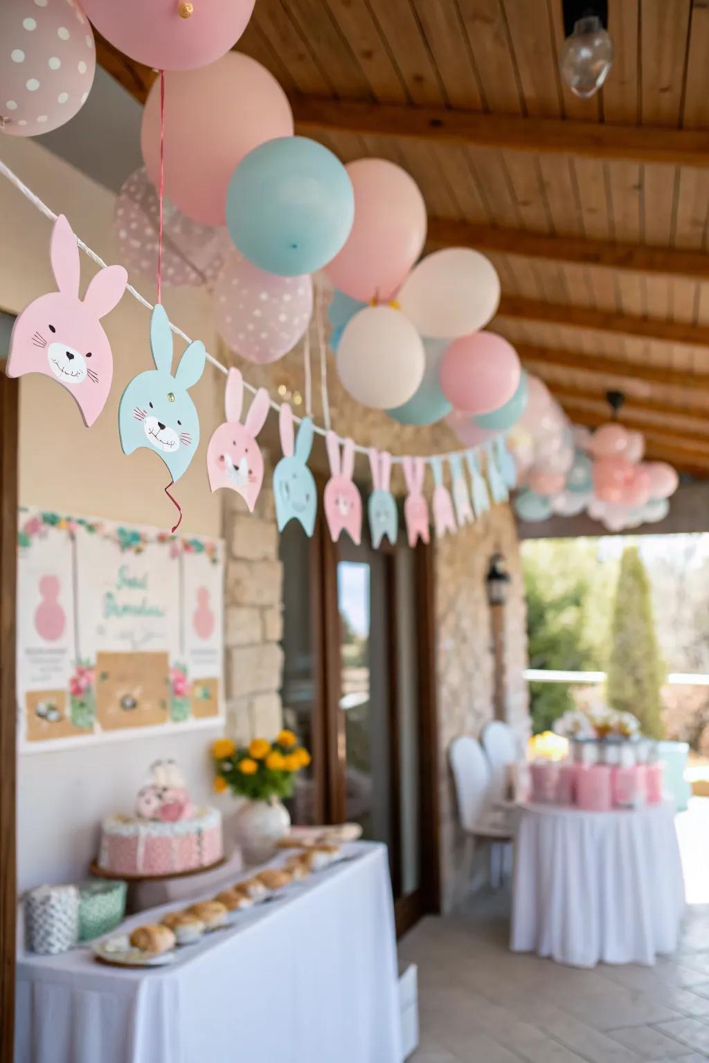 Playful rabbit garlands add a whimsical touch to the decor.