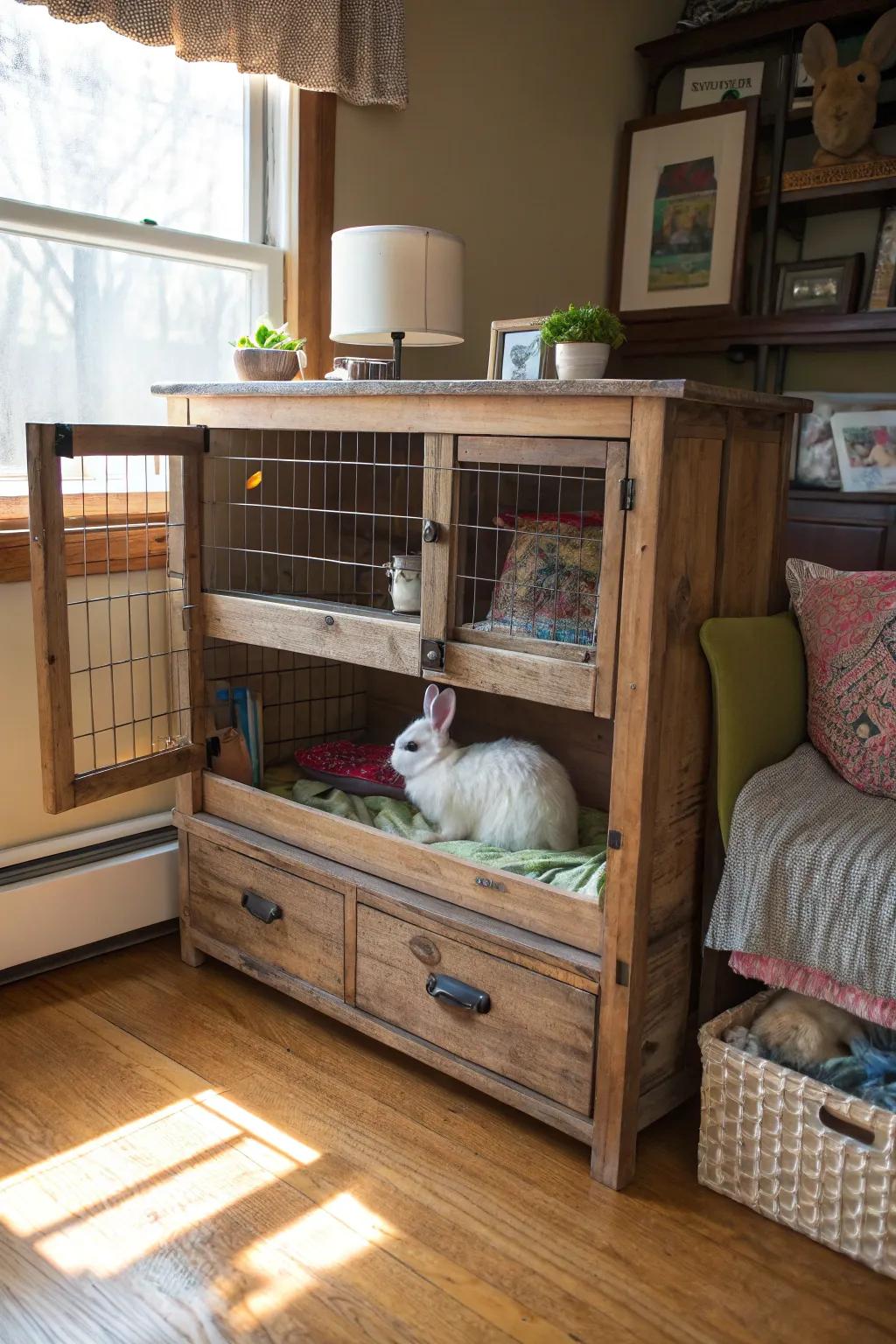 Repurposed furniture can create a unique and stylish bunny home.