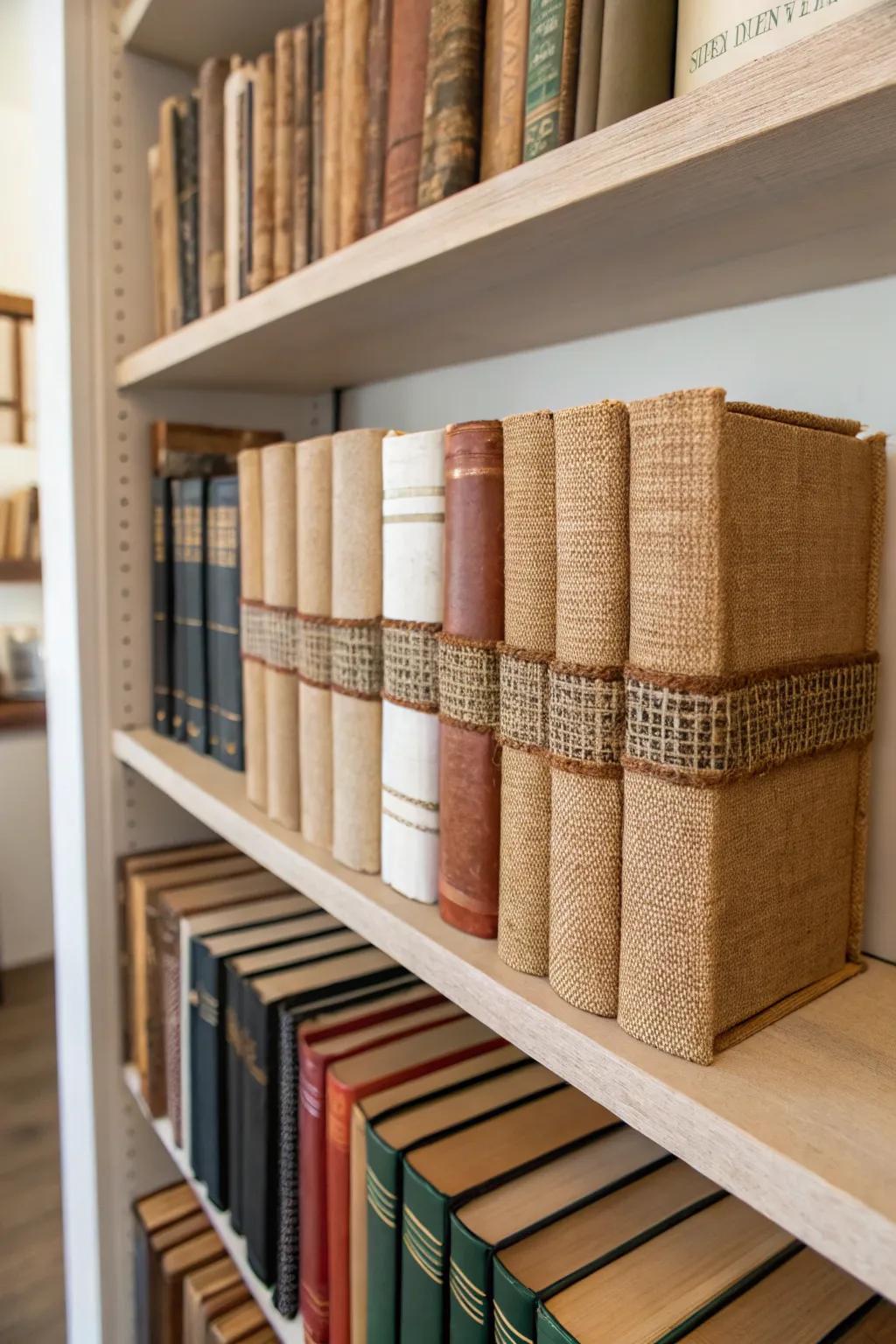 Hessian-wrapped books offer a unique decorative element.