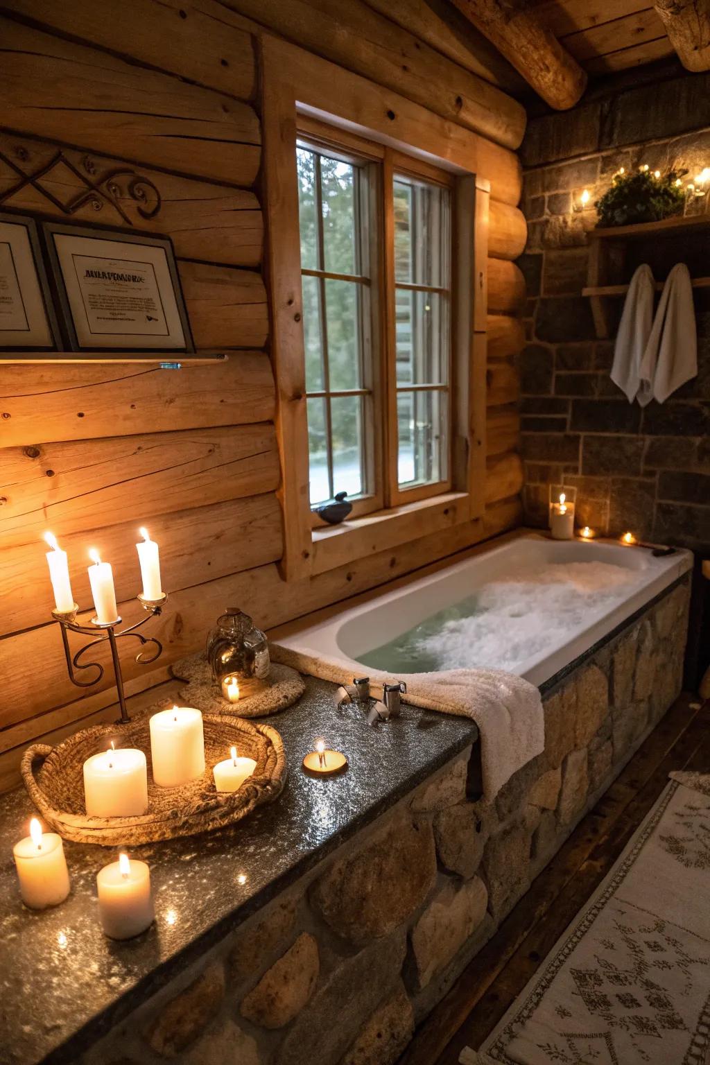 A cabin bathroom with candles for a tranquil, spa-like ambiance.