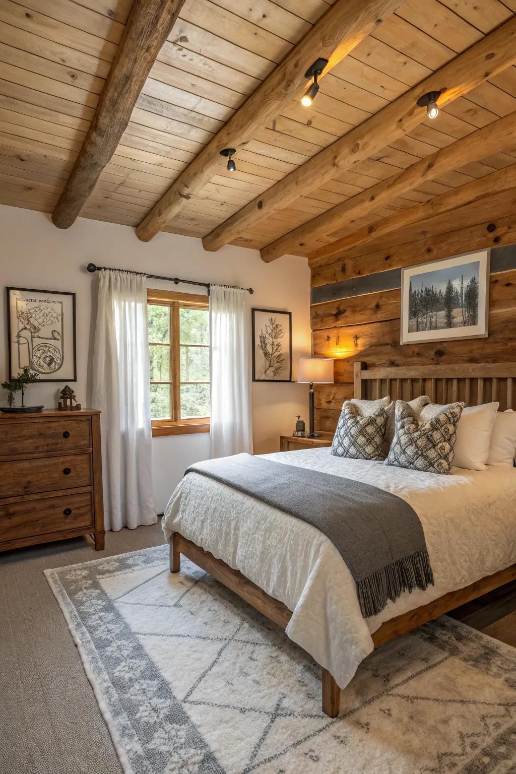 A cabin bedroom that blends contemporary and rustic elements.