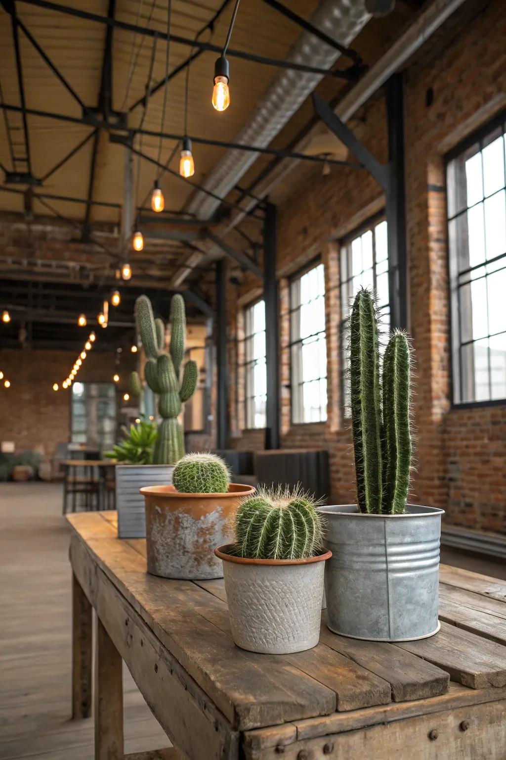 Reclaimed steel vessels give an industrial vibe to your cactus exhibit.