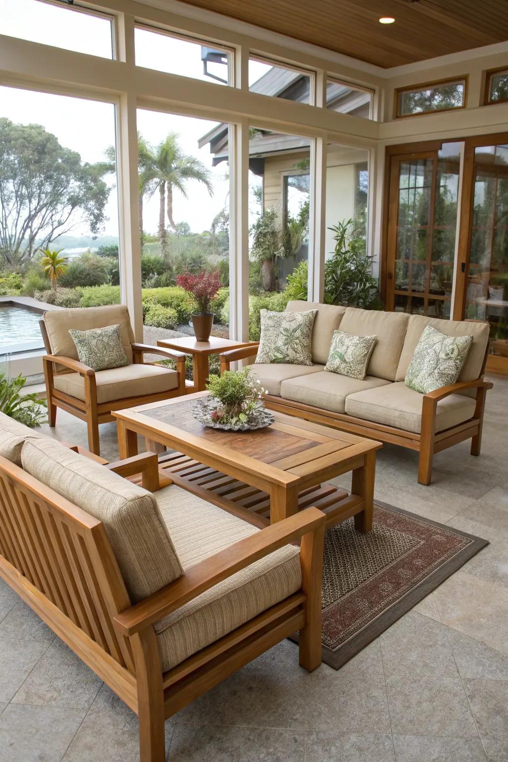 Weather-resilient teak furniture in a California room.