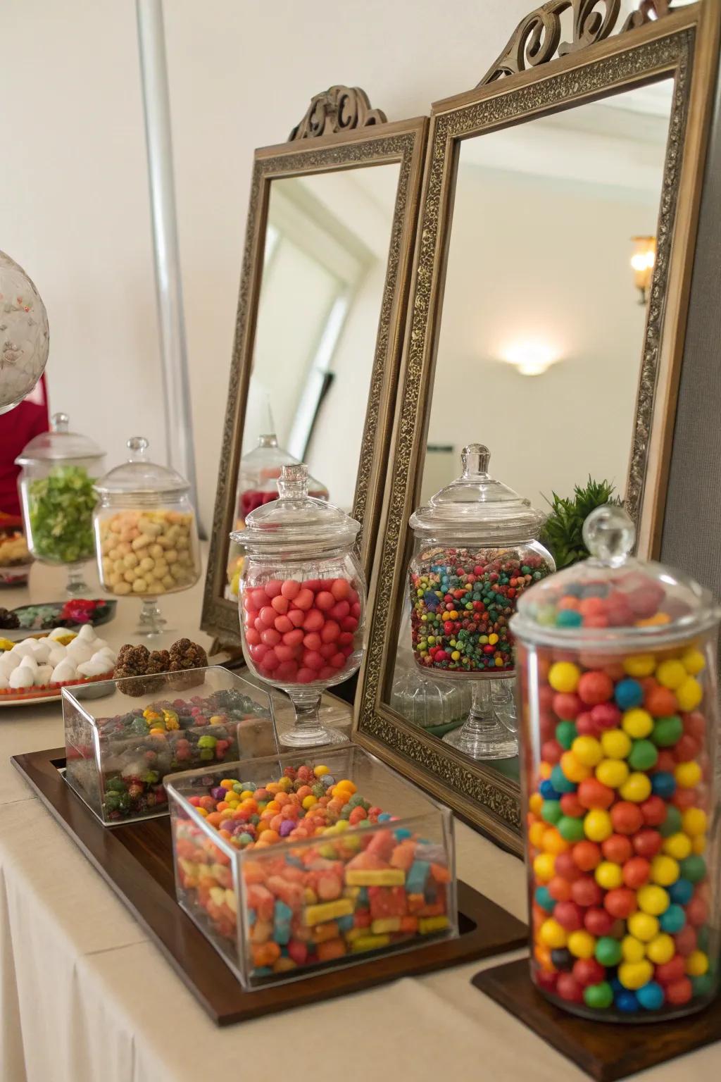 Mirrors can make your candy buffet seem more plentiful and appealing.