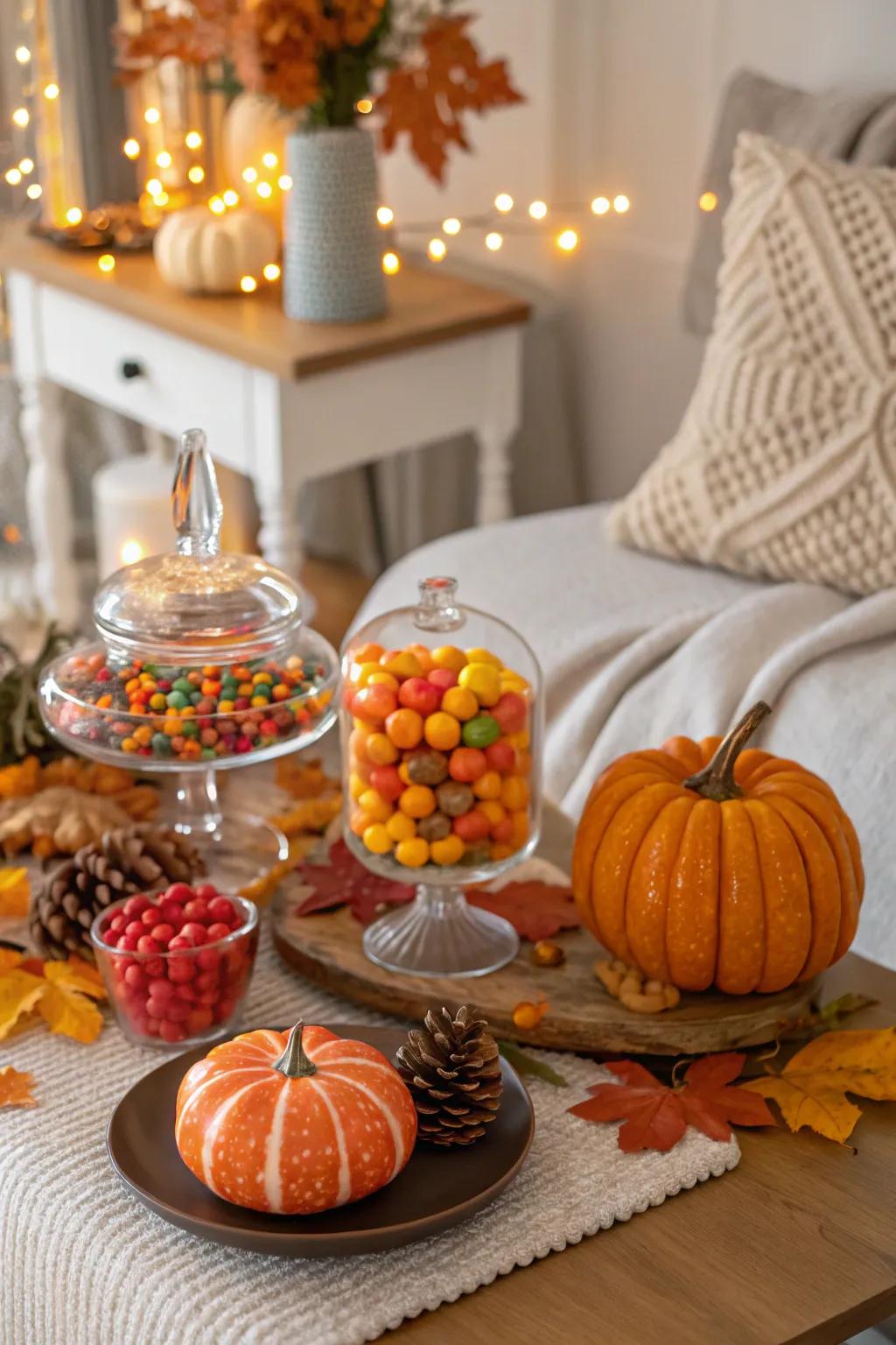 A seasonal autumn-themed sweets table with decorative elements