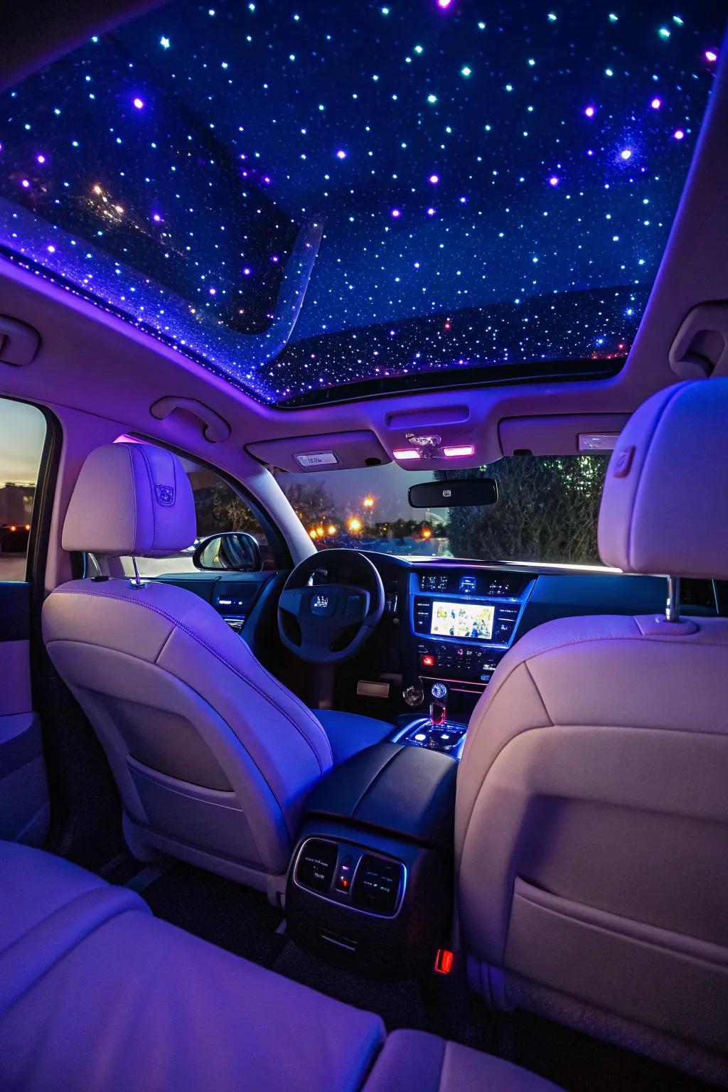 A car interior transformed into a starlit night sky, enhancing the driving experience.