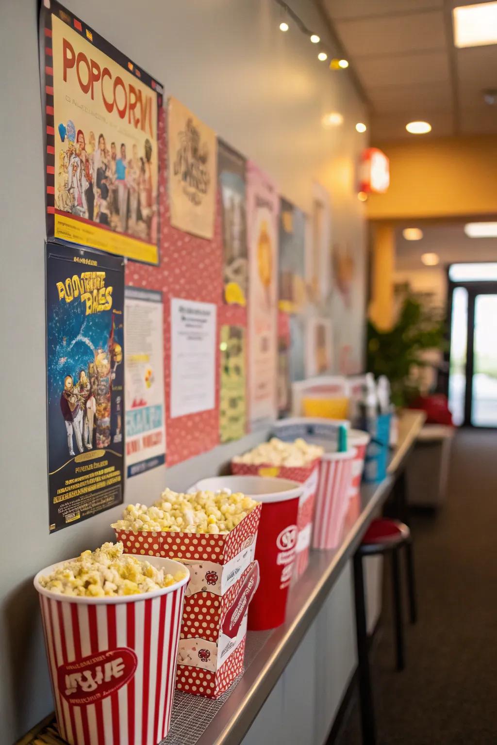 A mini concession stand includes a nostalgic trace with its popcorn theme.