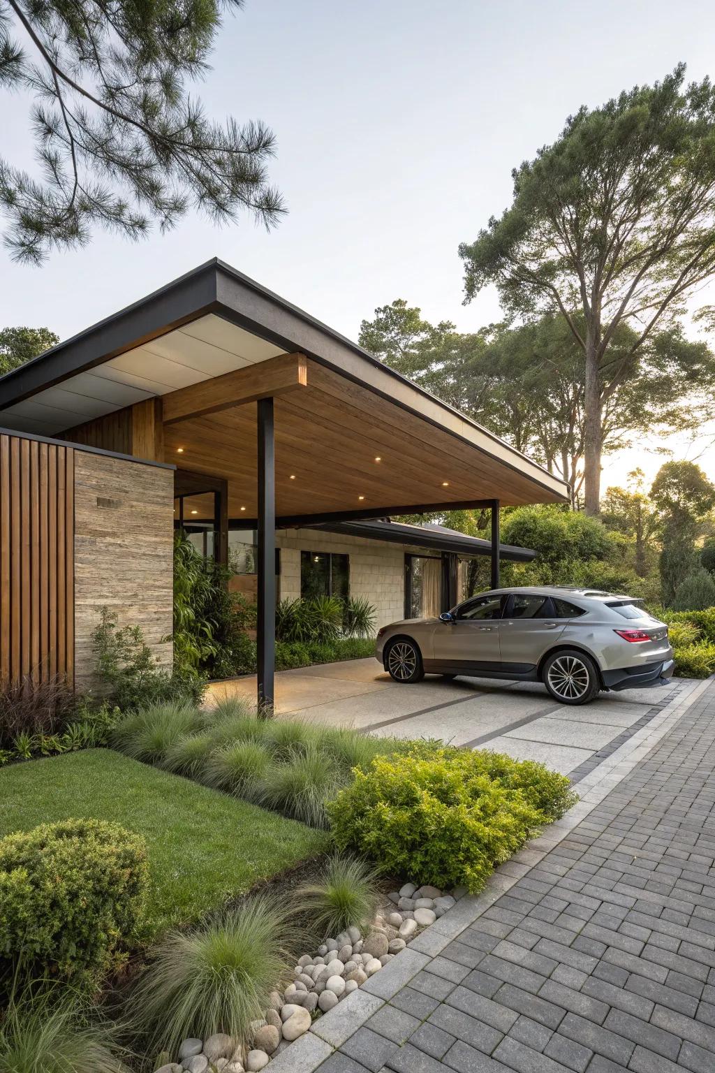 A carport that blends harmoniously with its surrounding environment.