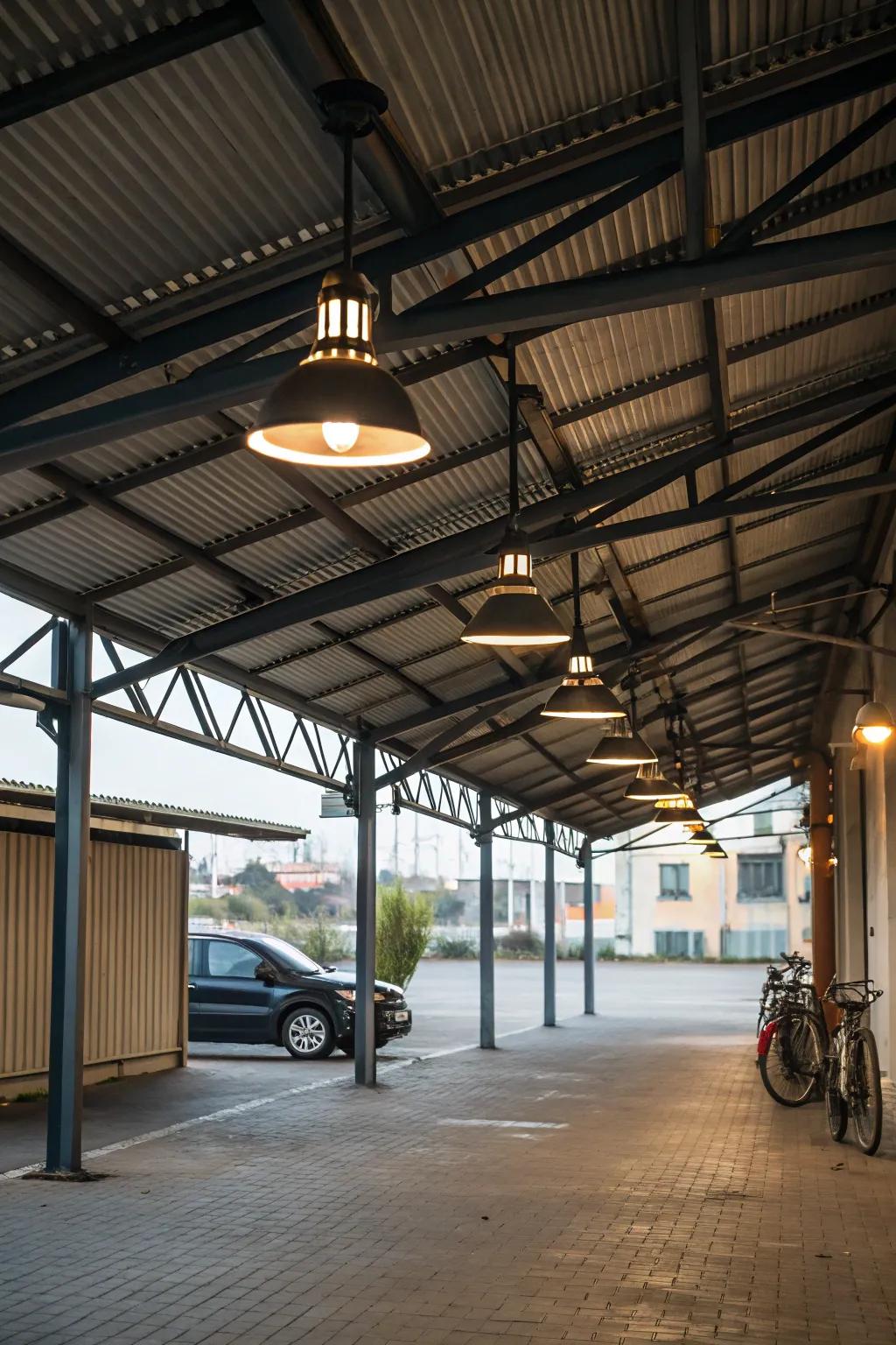 Metal mountings bestow a factory chic to your carport.