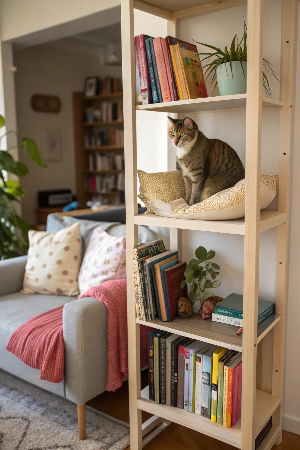 A bookshelf converted into a multi-level paradise for cats.