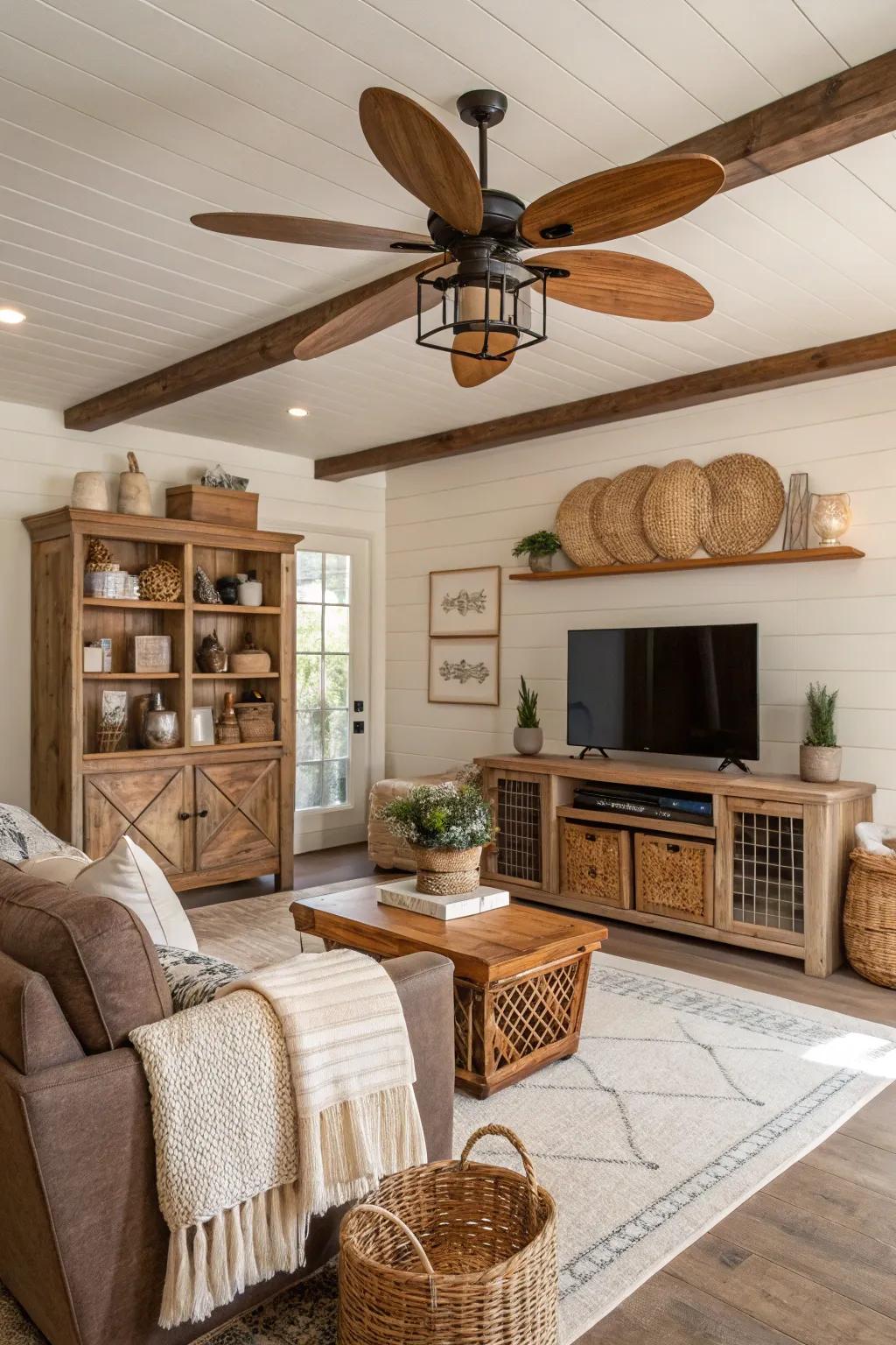Bring the farmhouse feel indoors with a timber-wing fan.