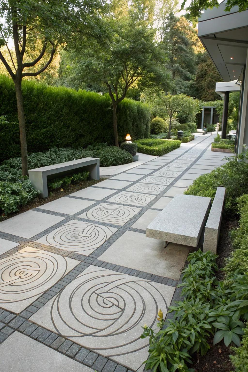 Intricate engraved designs in stone tile for a walkway showcasing artistry.