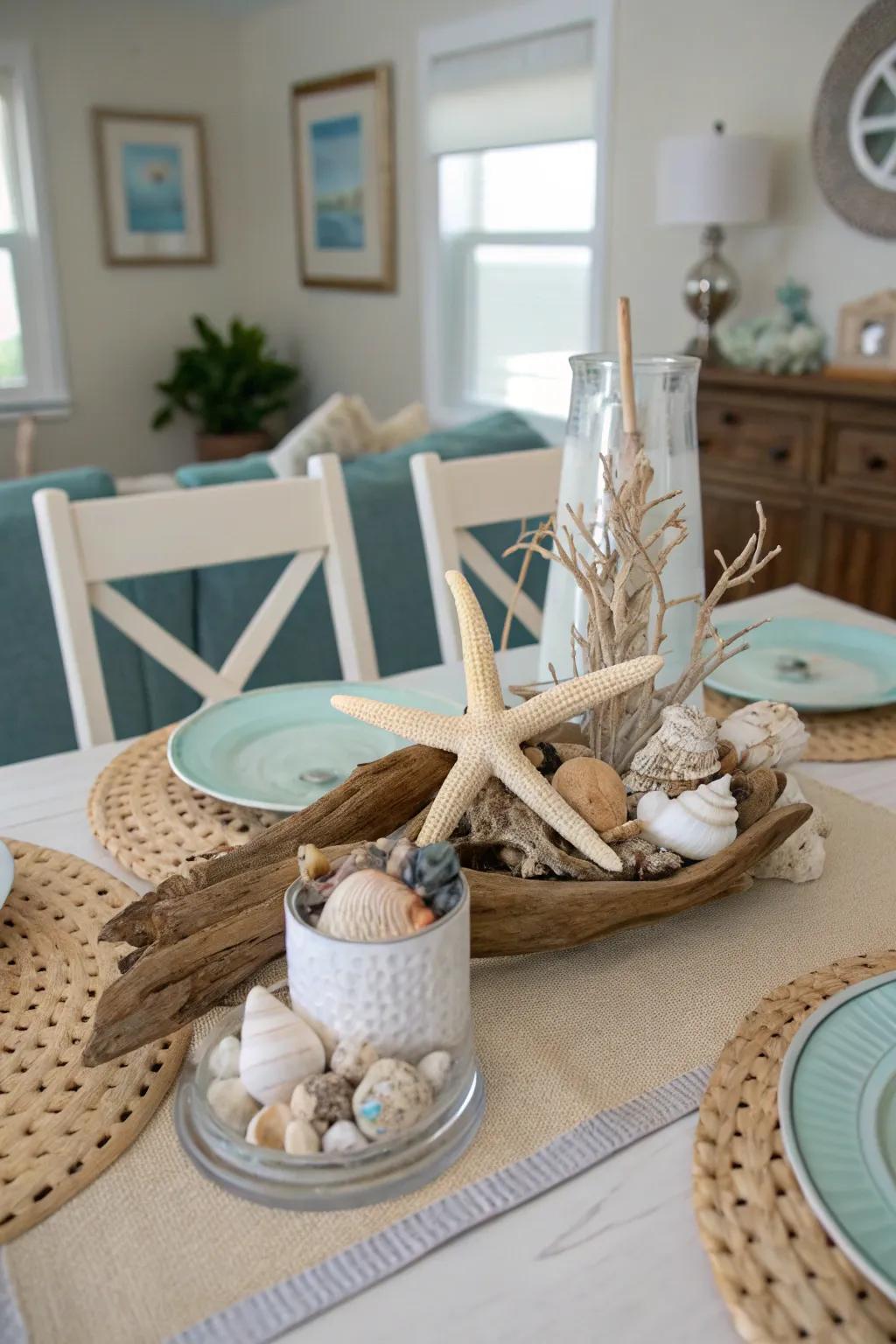 Seaside elements produce a relaxed, summery centerpiece.