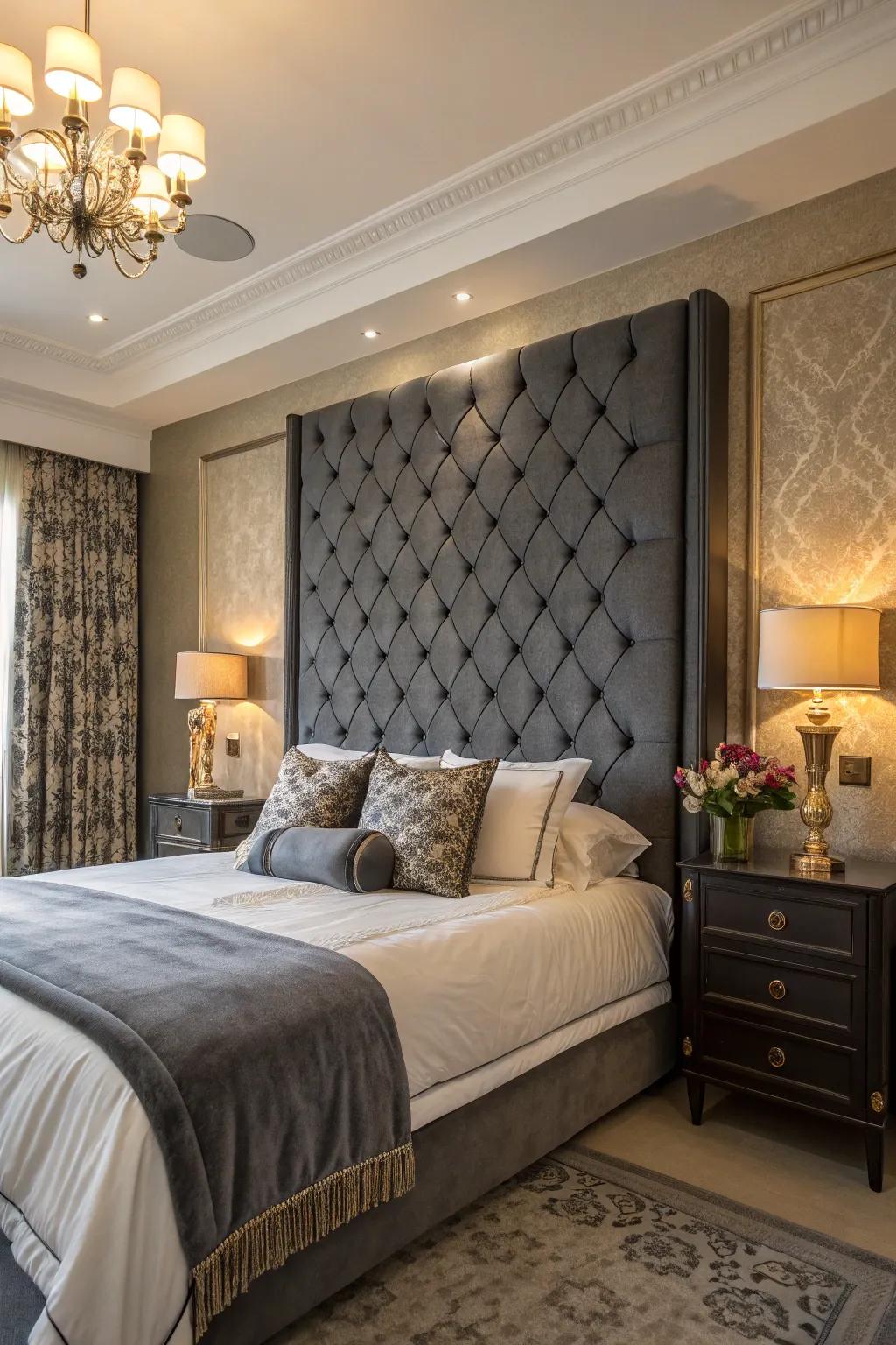 A floor-to-ceiling headboard adds drama and sophistication to the bedroom.