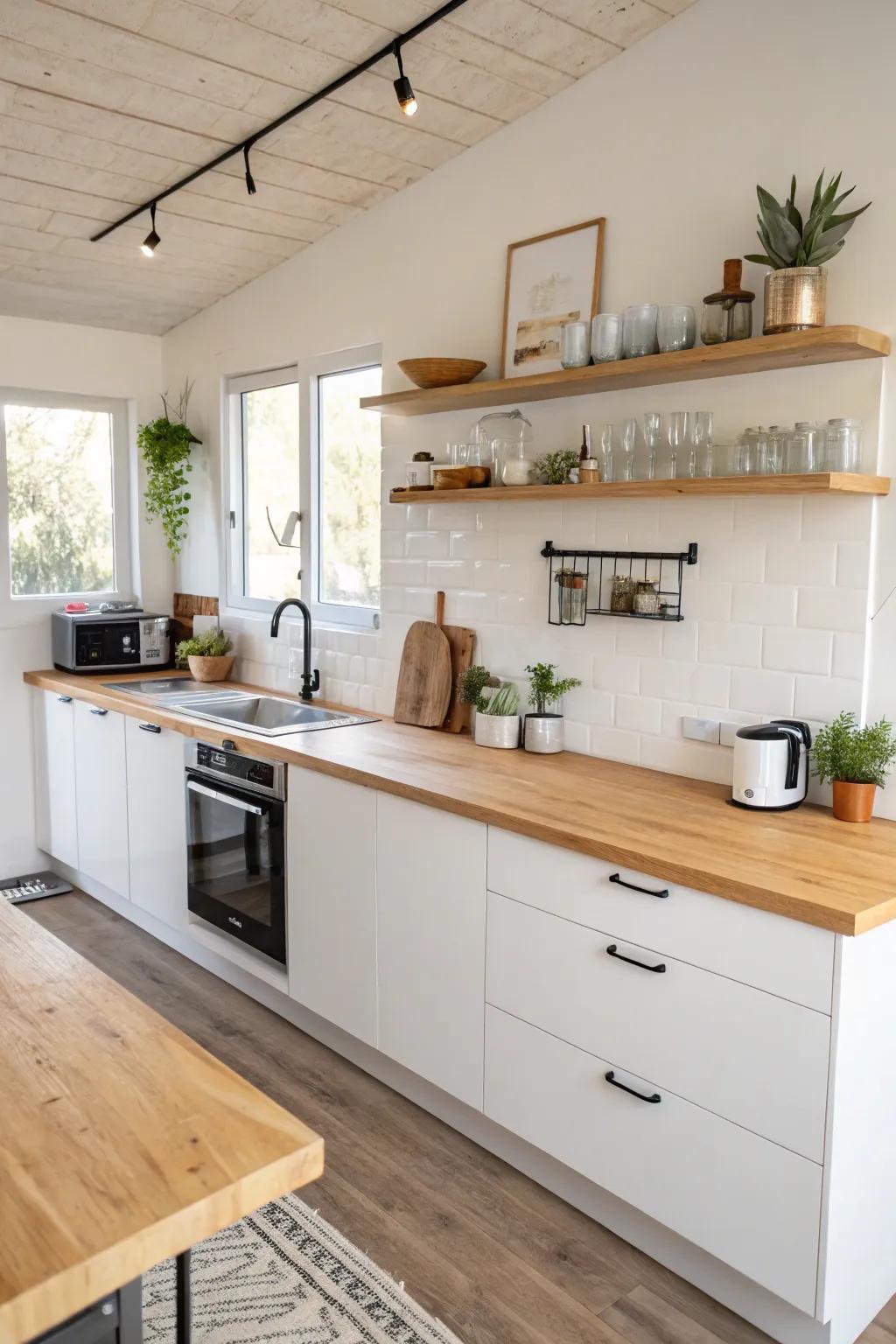 Special kitchen with stained layered wood countertops.