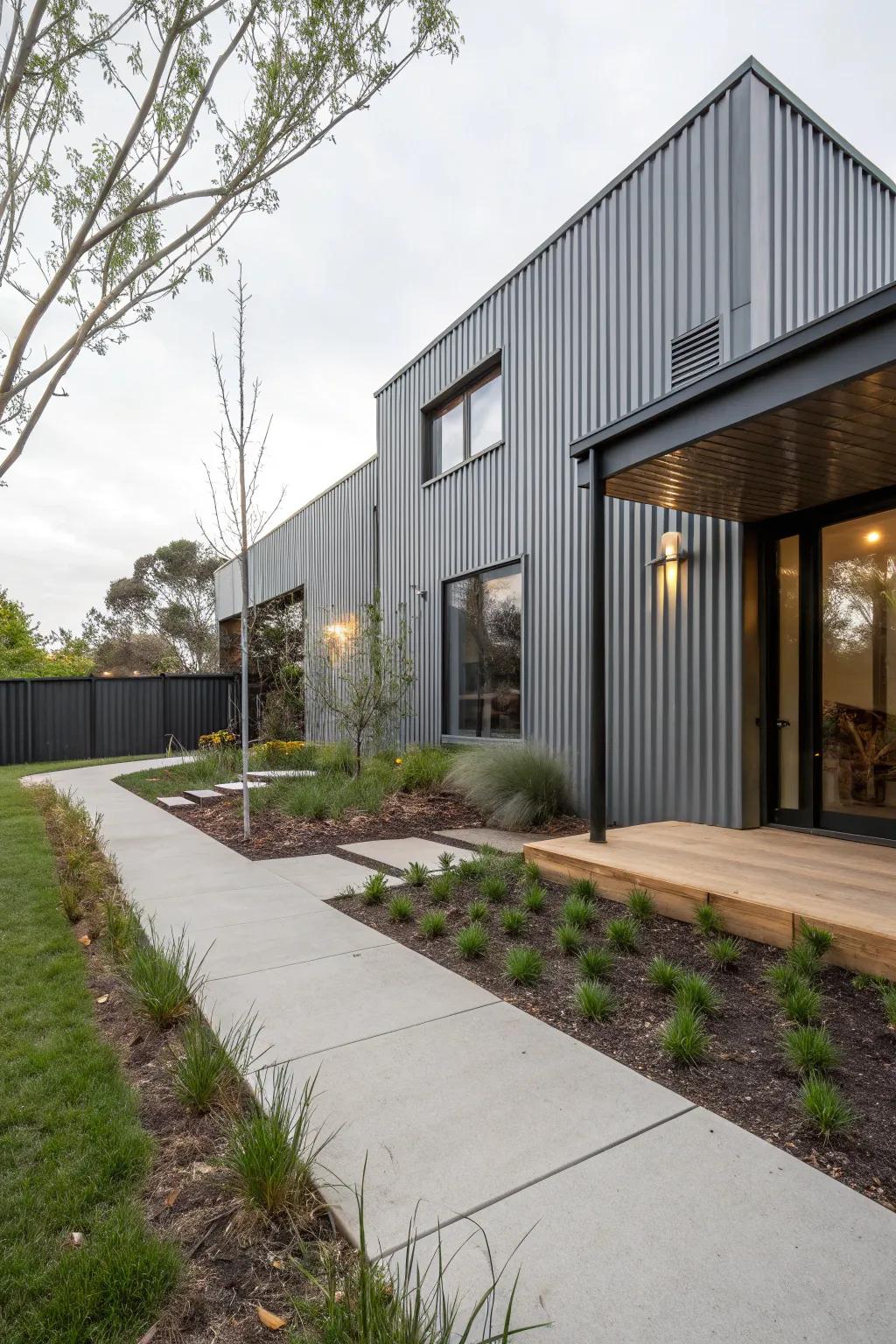 Corrugated metal siding provides a bold, industrial aesthetic.