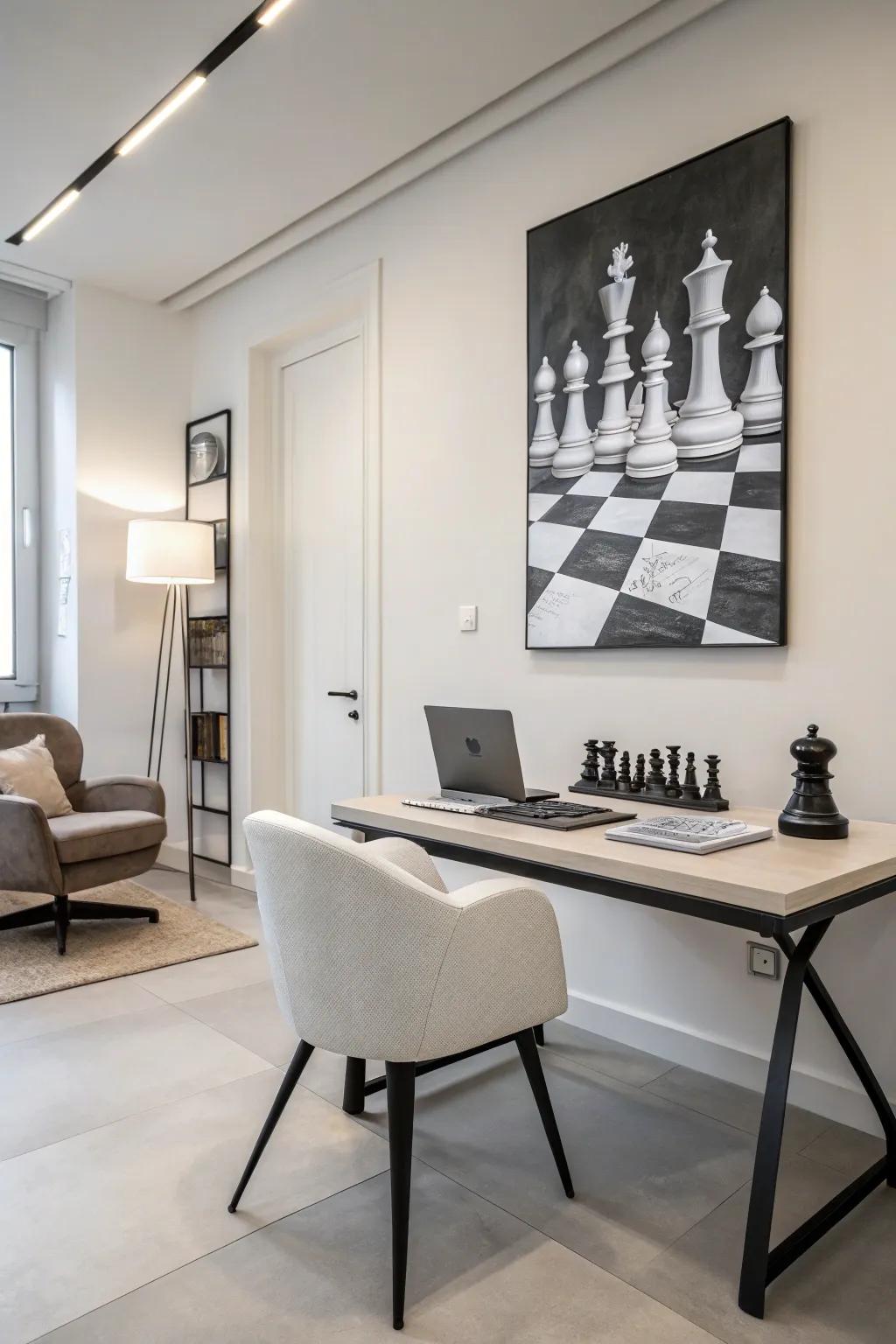 Monochrome chess art presents a sleek, modern flair.
