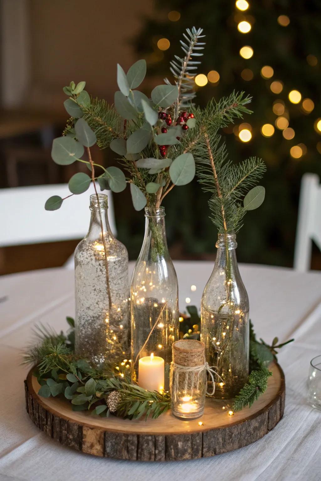 Vintage glassware with fairy lights introduces nostalgic charm to your table.