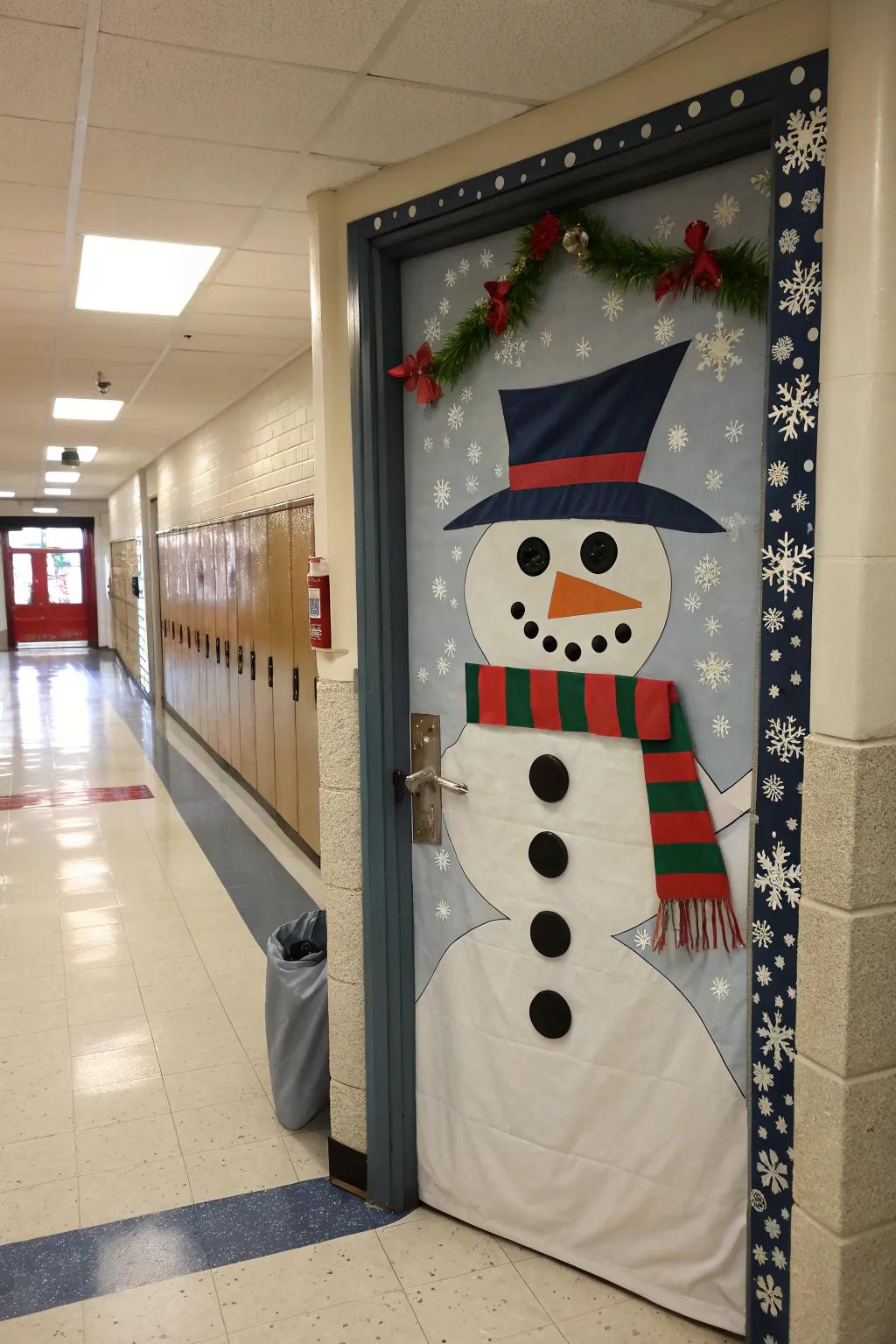 Jack Frost imparts cheer to this school entryway.