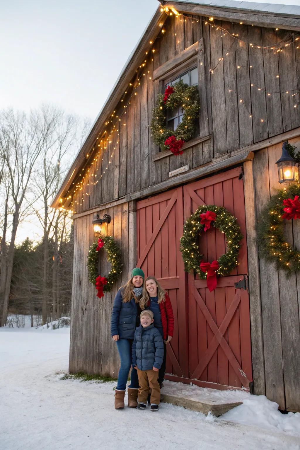 A rustic barn presents a charming backdrop for holiday portraits.