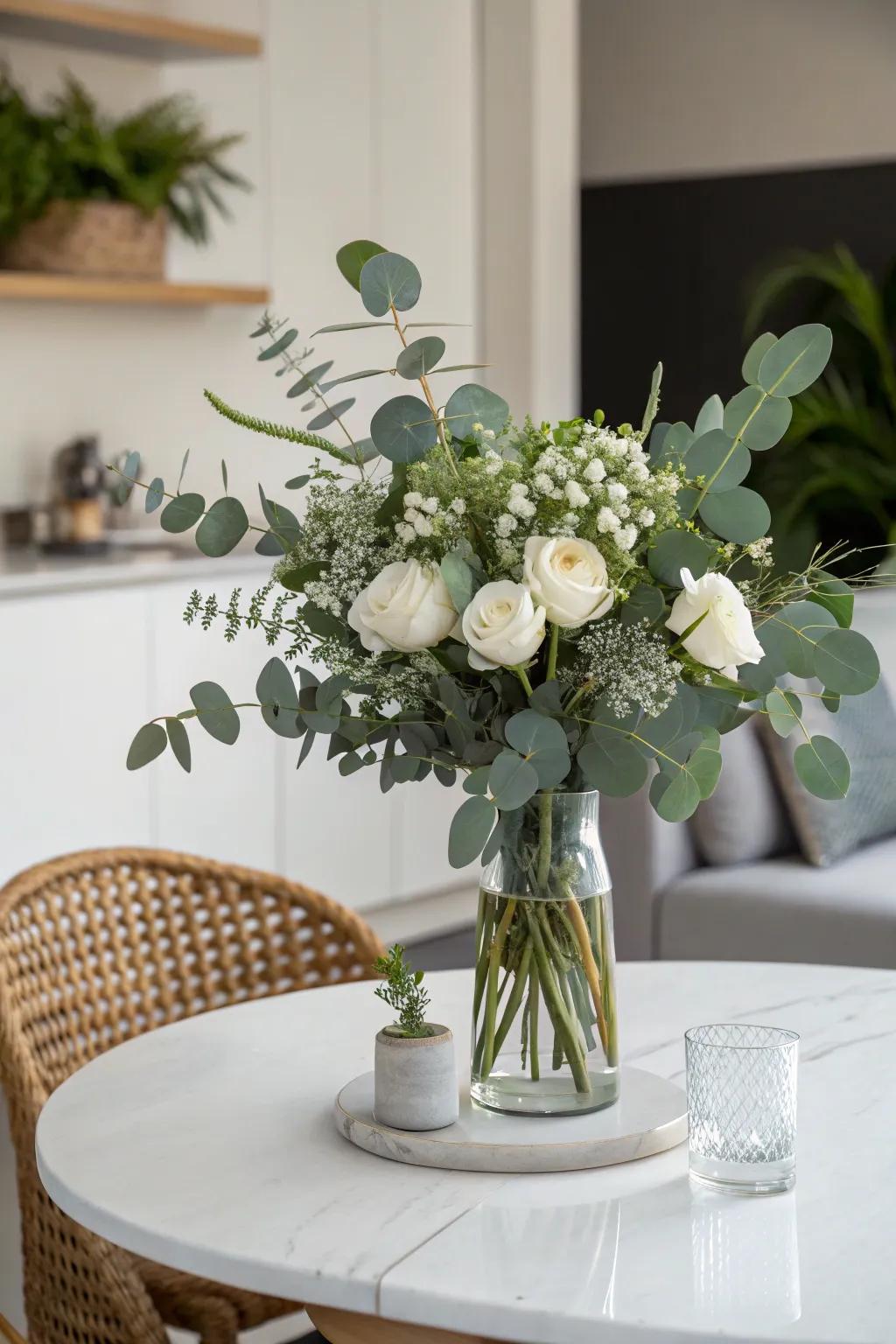 Gum tree and ivory blooms offer a refreshing, contemporary vibe.