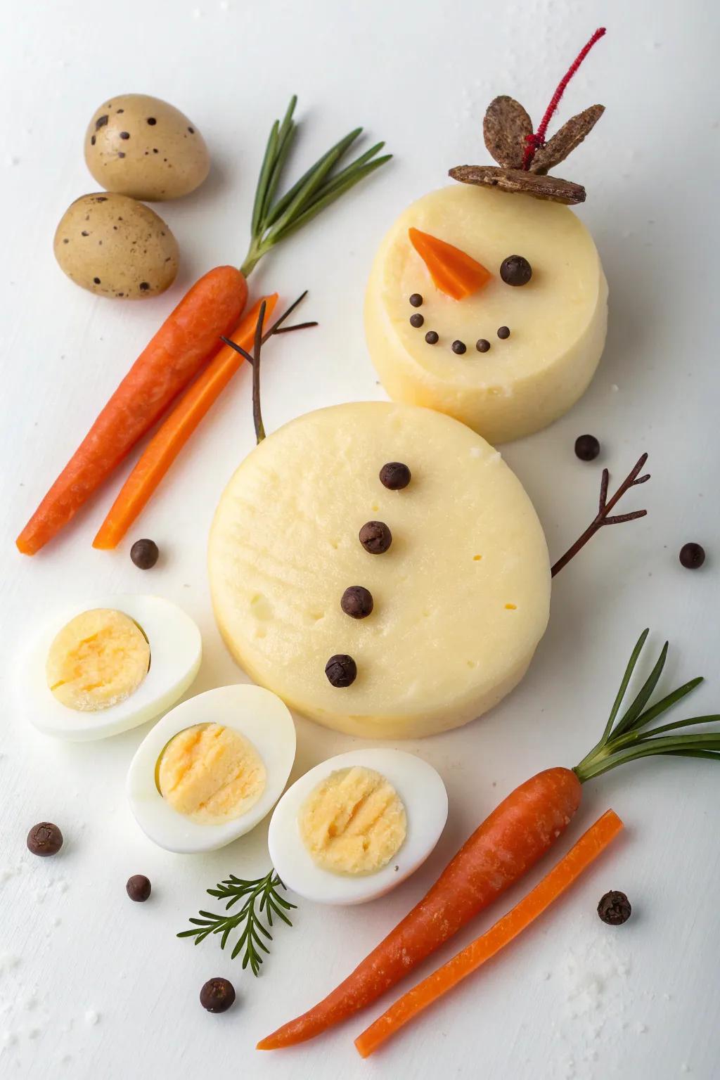 Snowman made from cheeses and eggs for a wintery theme.
