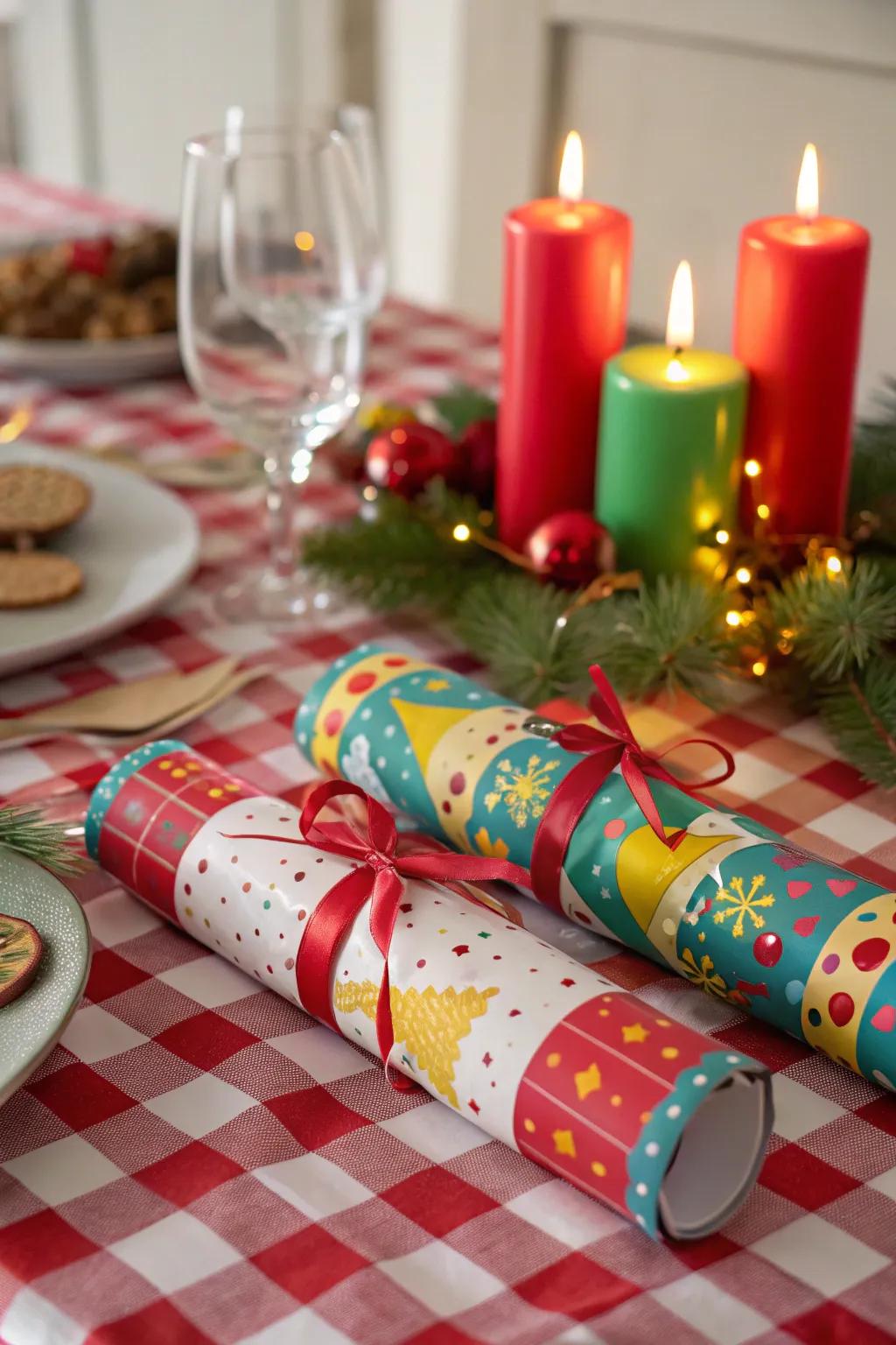 Christmas crackers inject a sense of surprise and entertainment on the table.