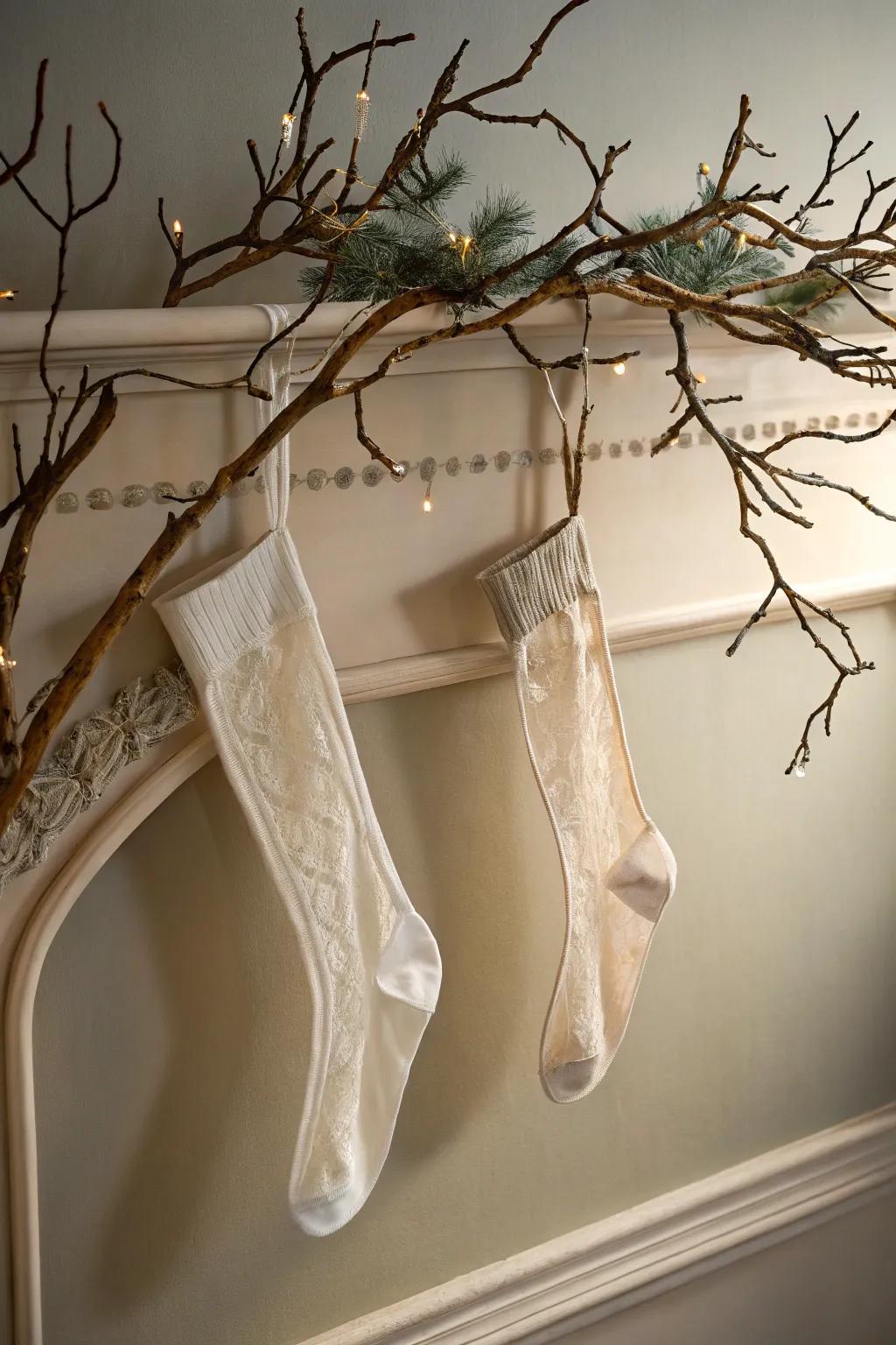 An inventive presentation of stockings imparting charm to the wall.
