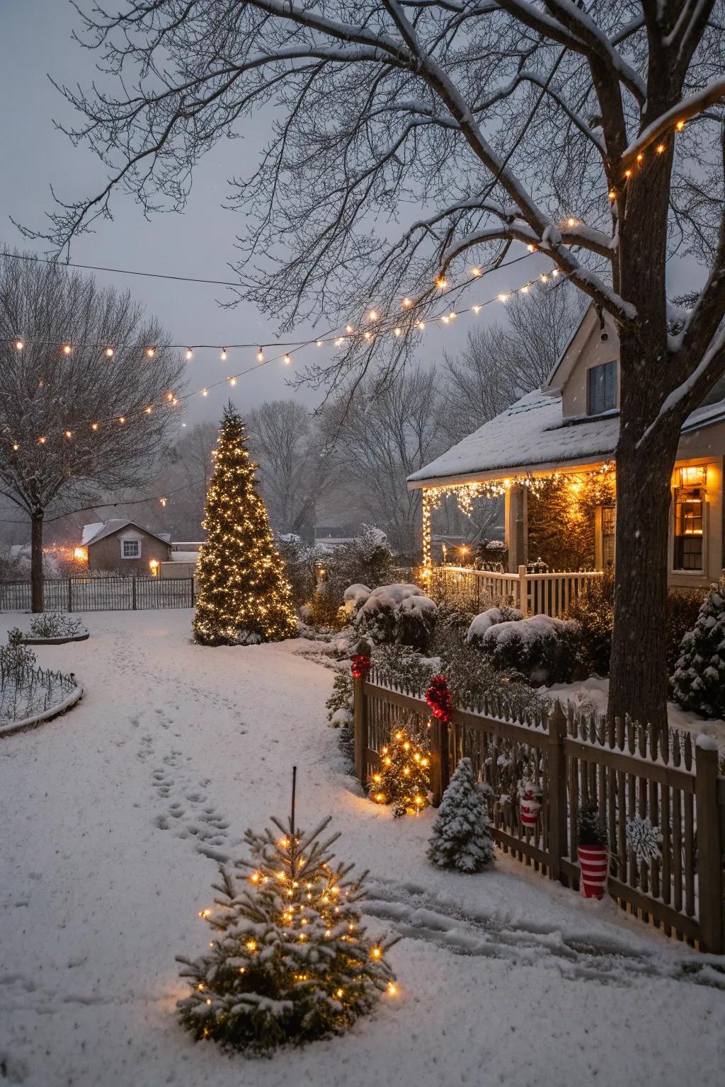 A garden enhanced with artificial snow and festive lights.