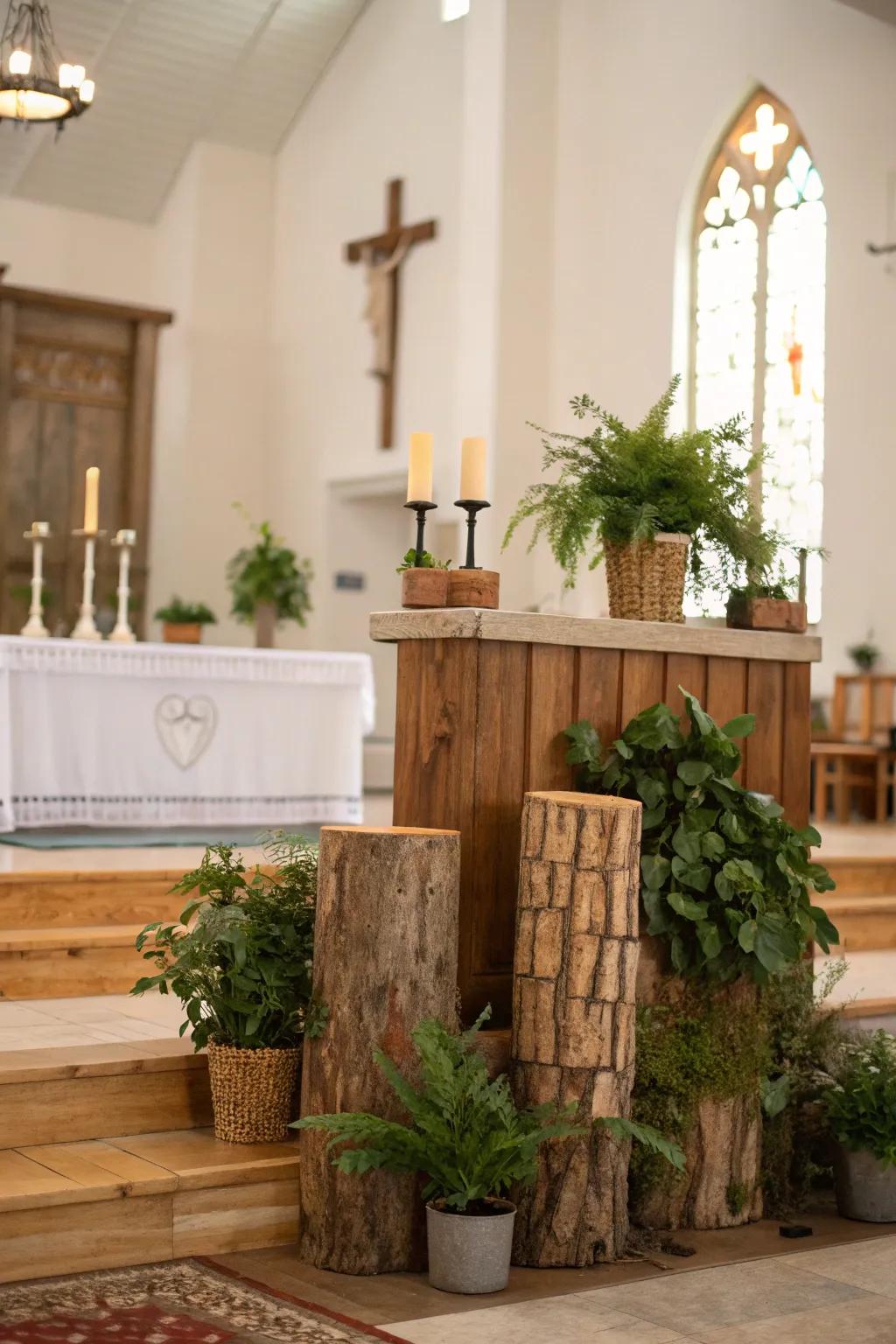 An altar featuring eco-conscious details such as reclaimed timber and potted plants.