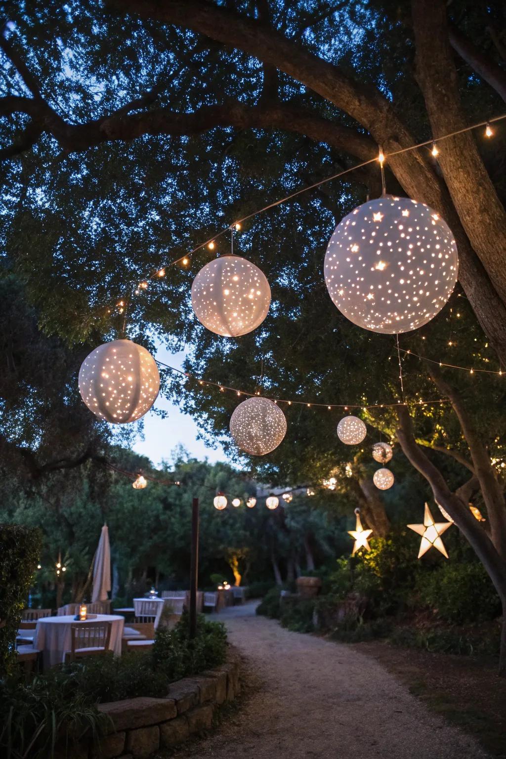 Magical celestial night display with suspended lamps.