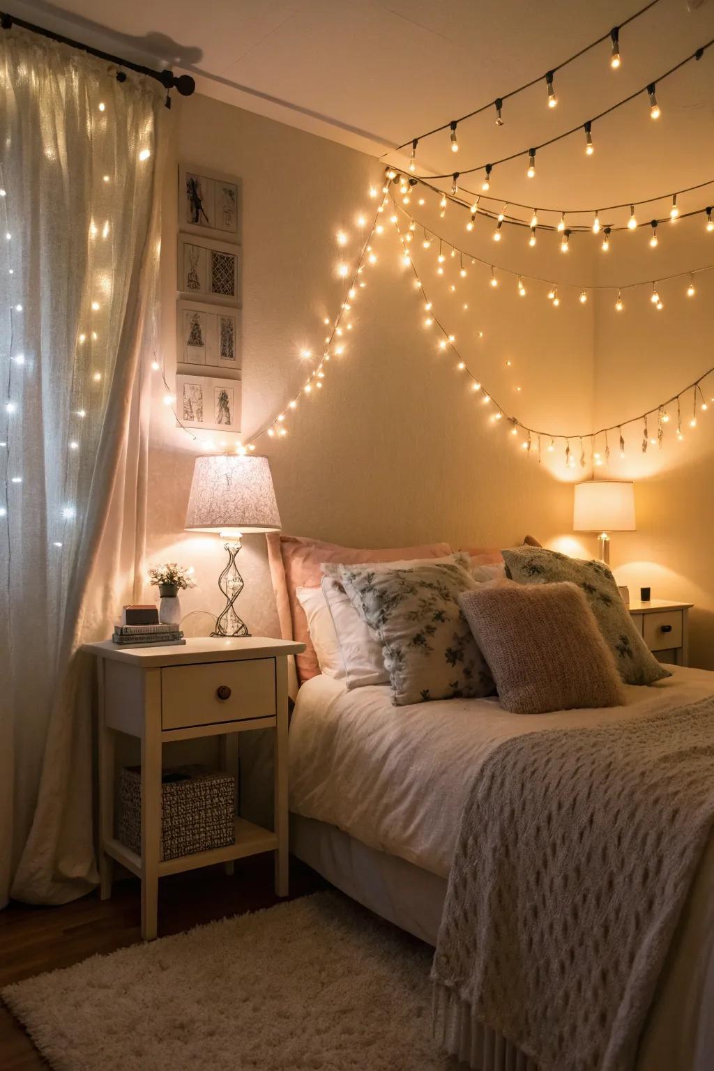 Delicate lighting cultivates a warm and welcoming bedroom ambiance.