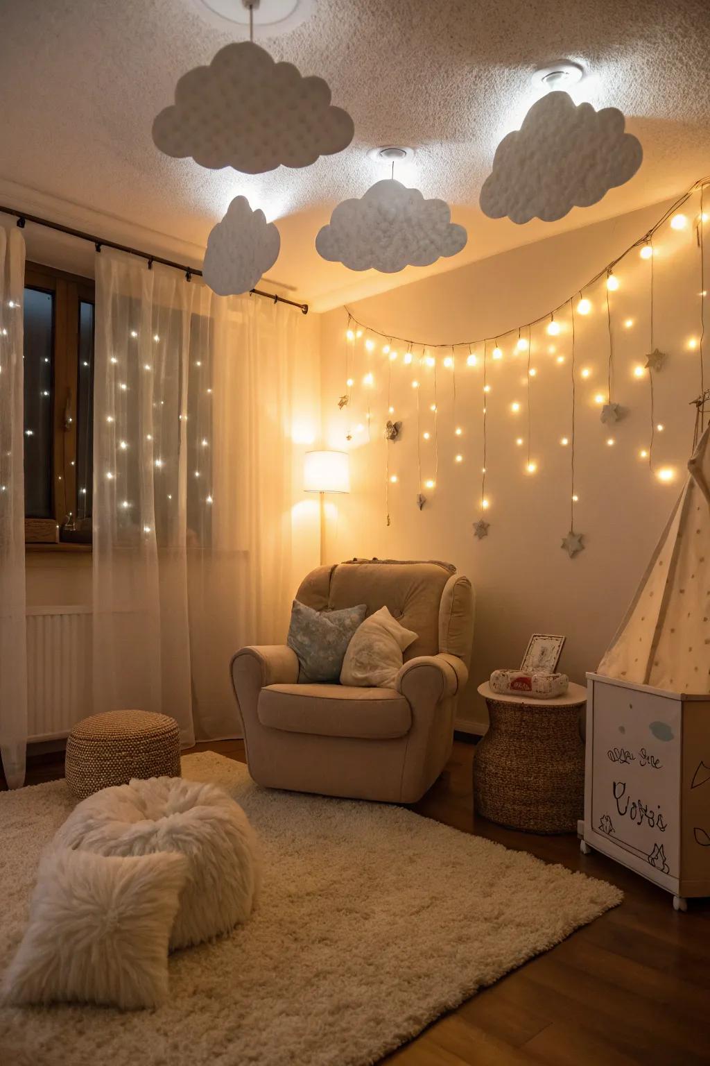 Subdued ambient illumination enhances the dreamy atmosphere of a cumulus-themed baby shower.