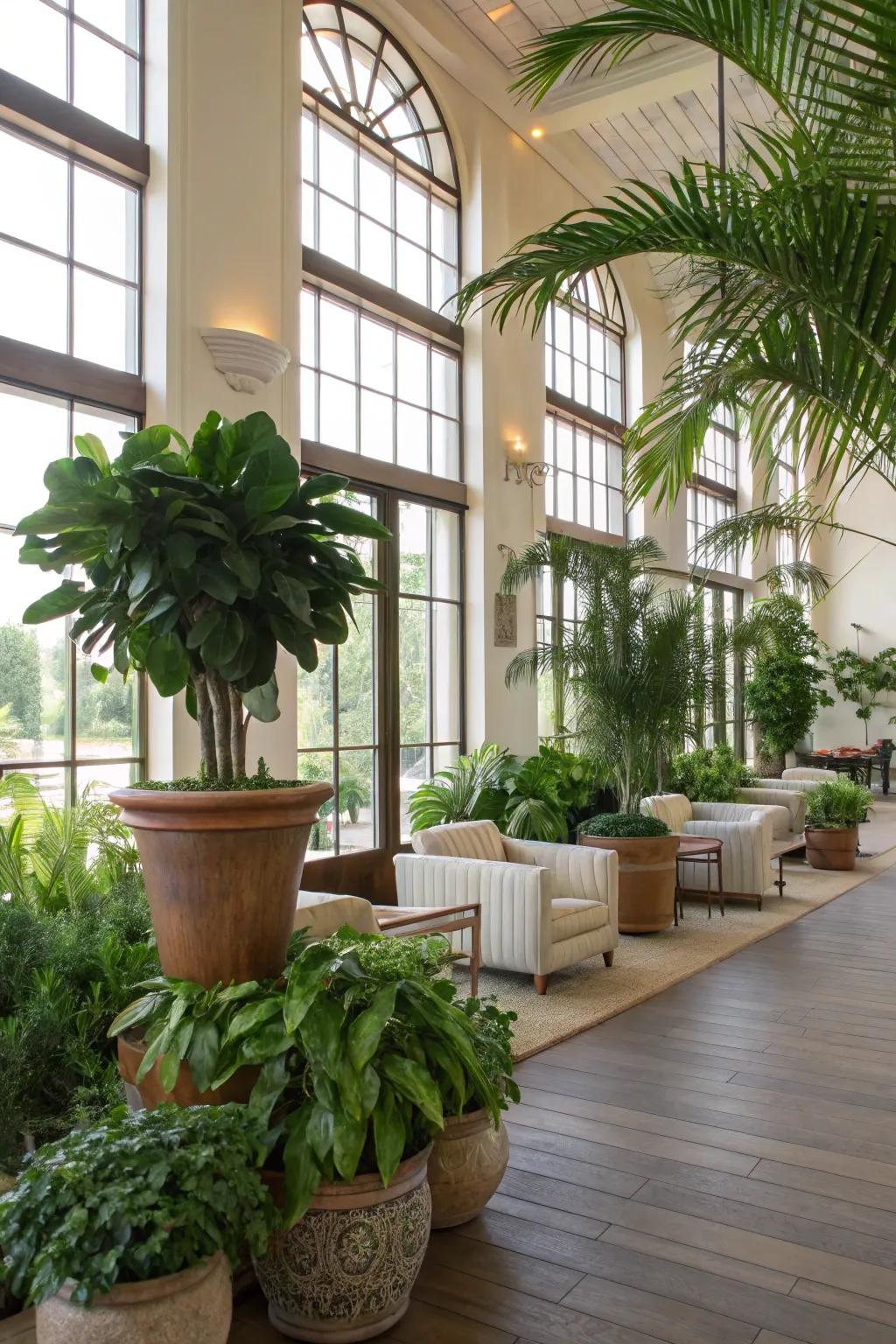 Verdant spaces featuring interior plants revitalizing a clubhouse.