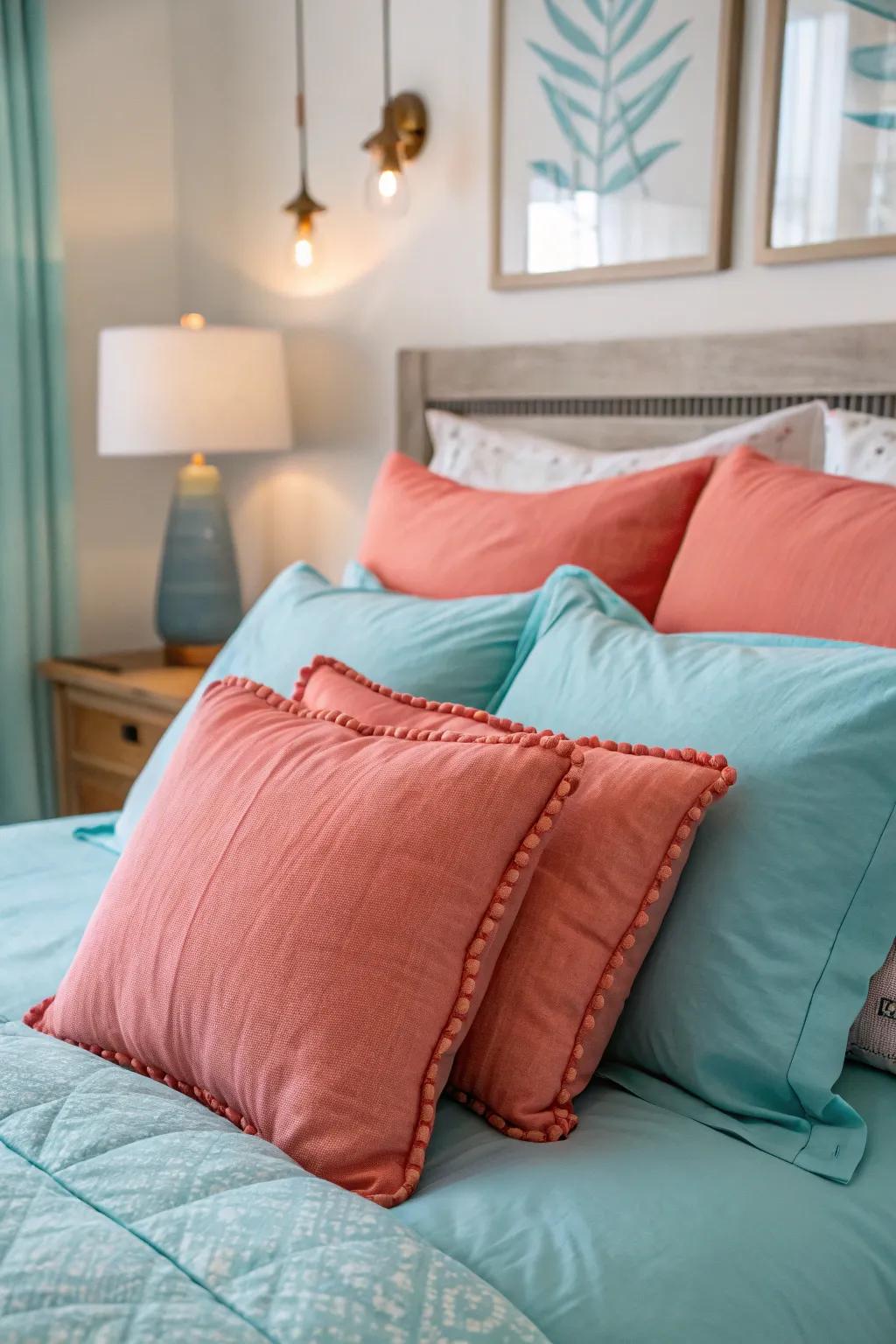 Coral accents bring a lively contrast to coastal decor.