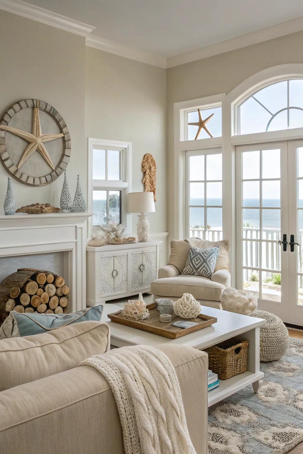 A neutral backdrop allowing coastal accents to stand out.