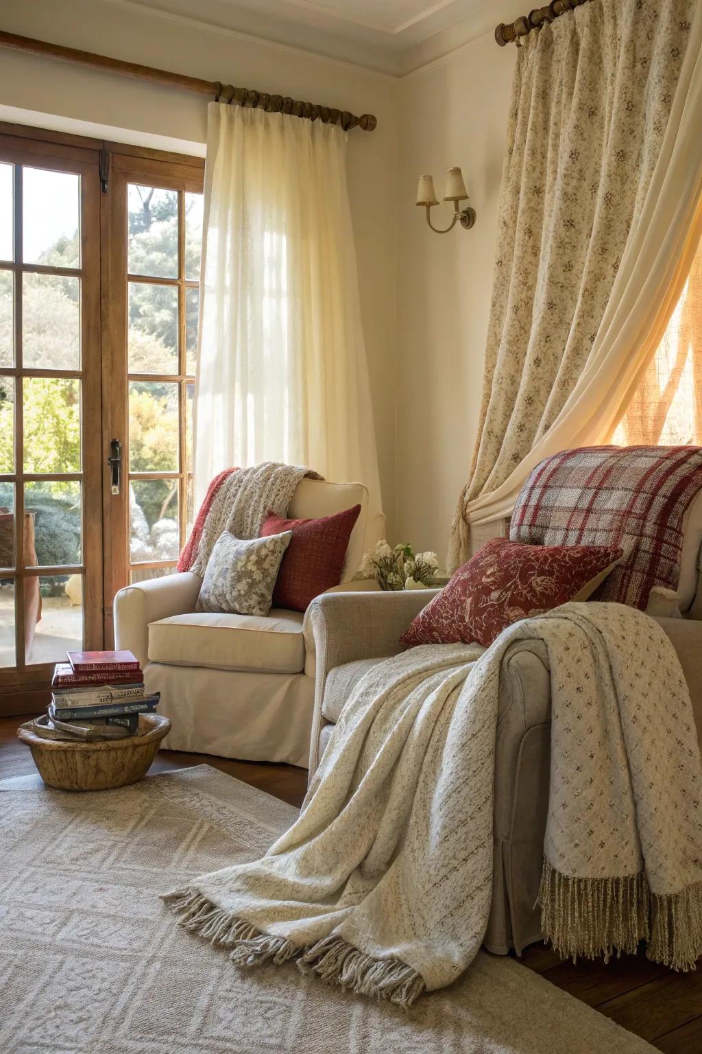 Textured fabrics add depth and comfort to coastal farmhouse decor.