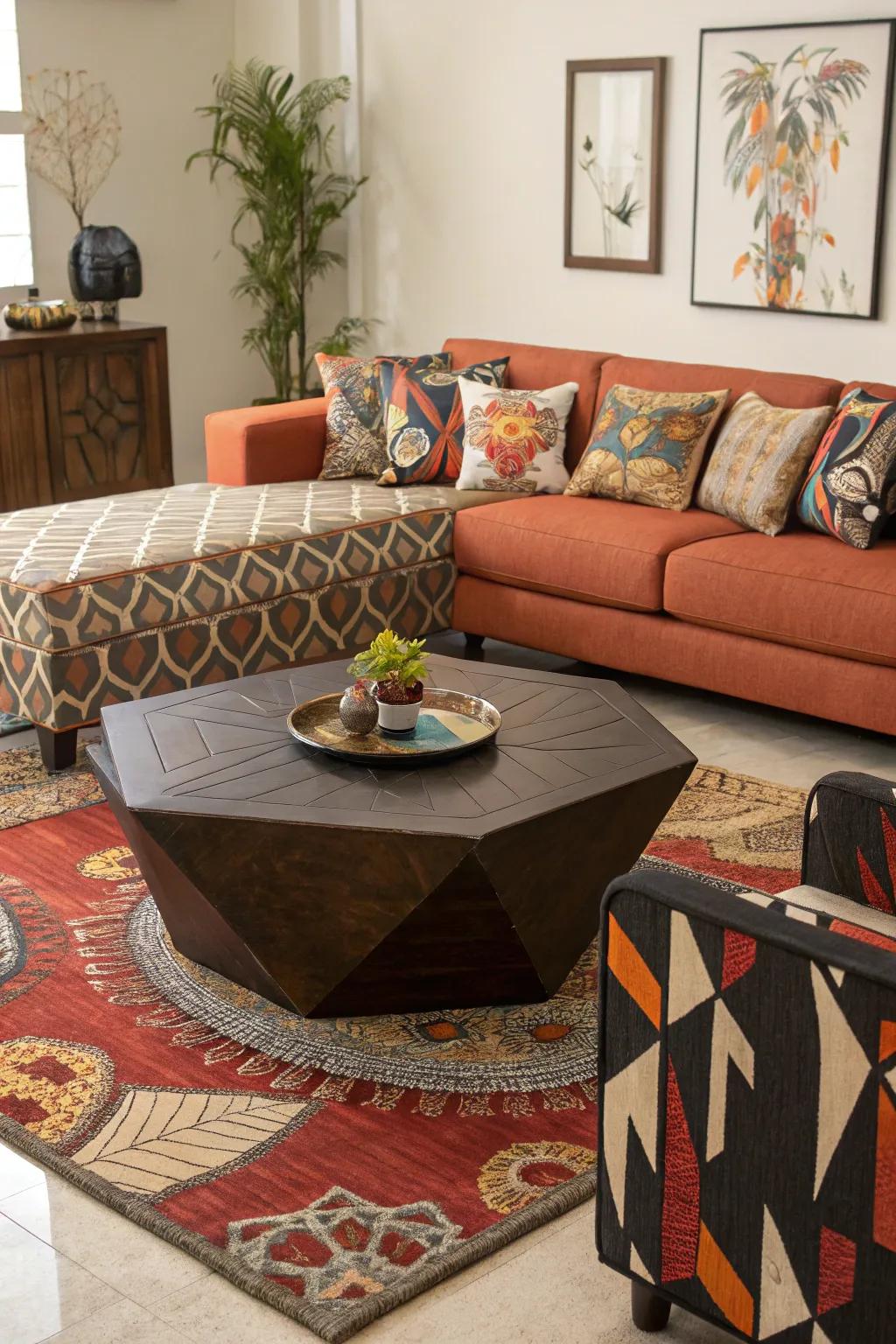 A uniquely shaped coffee table becomes a standout element in a creative living room.