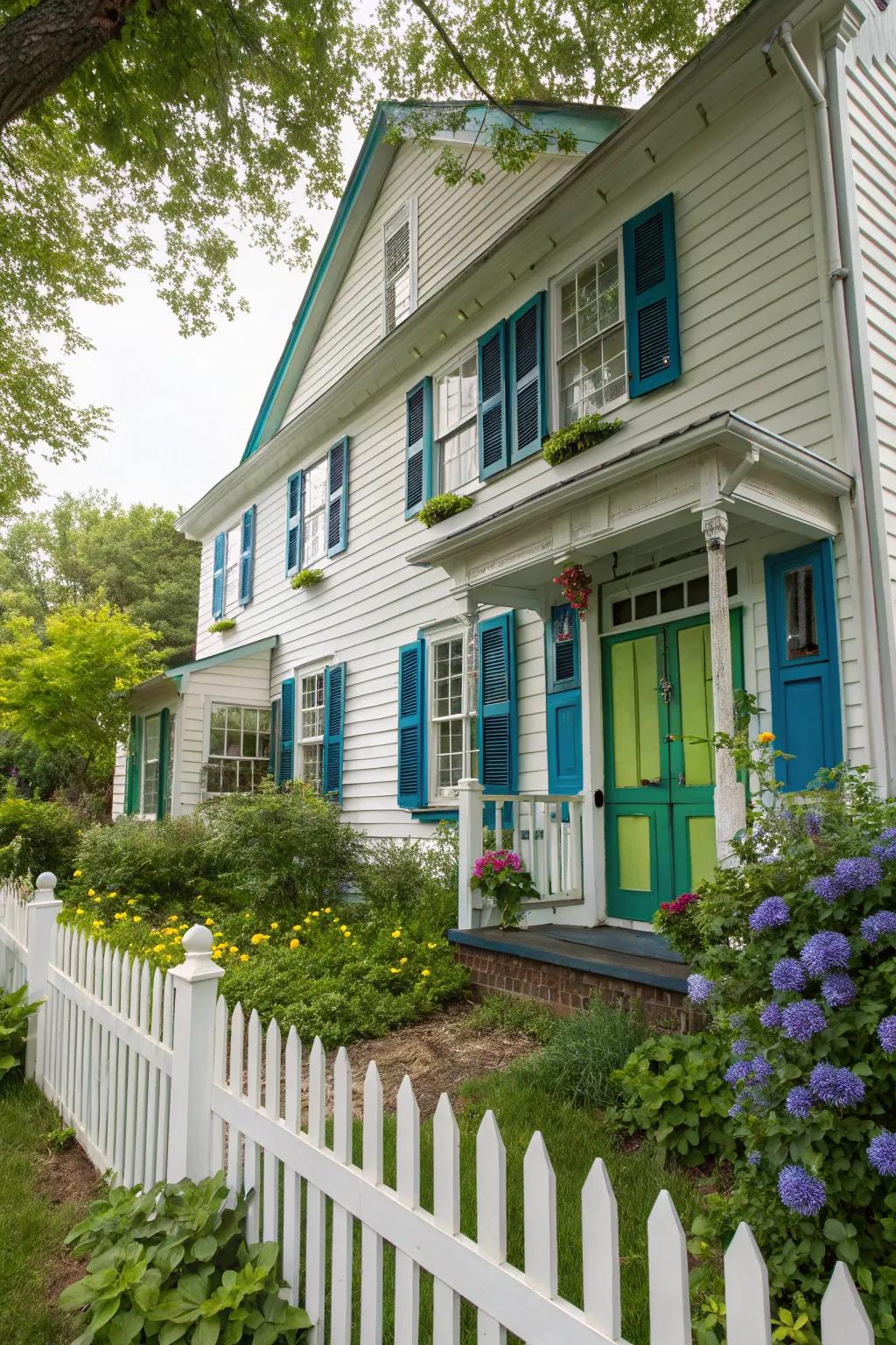 Colonial home featuring vibrant and striking color embellishments.