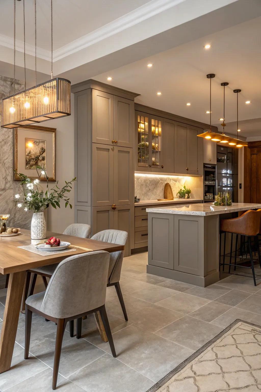 A gray-beige palette balancing warmth and modernity.