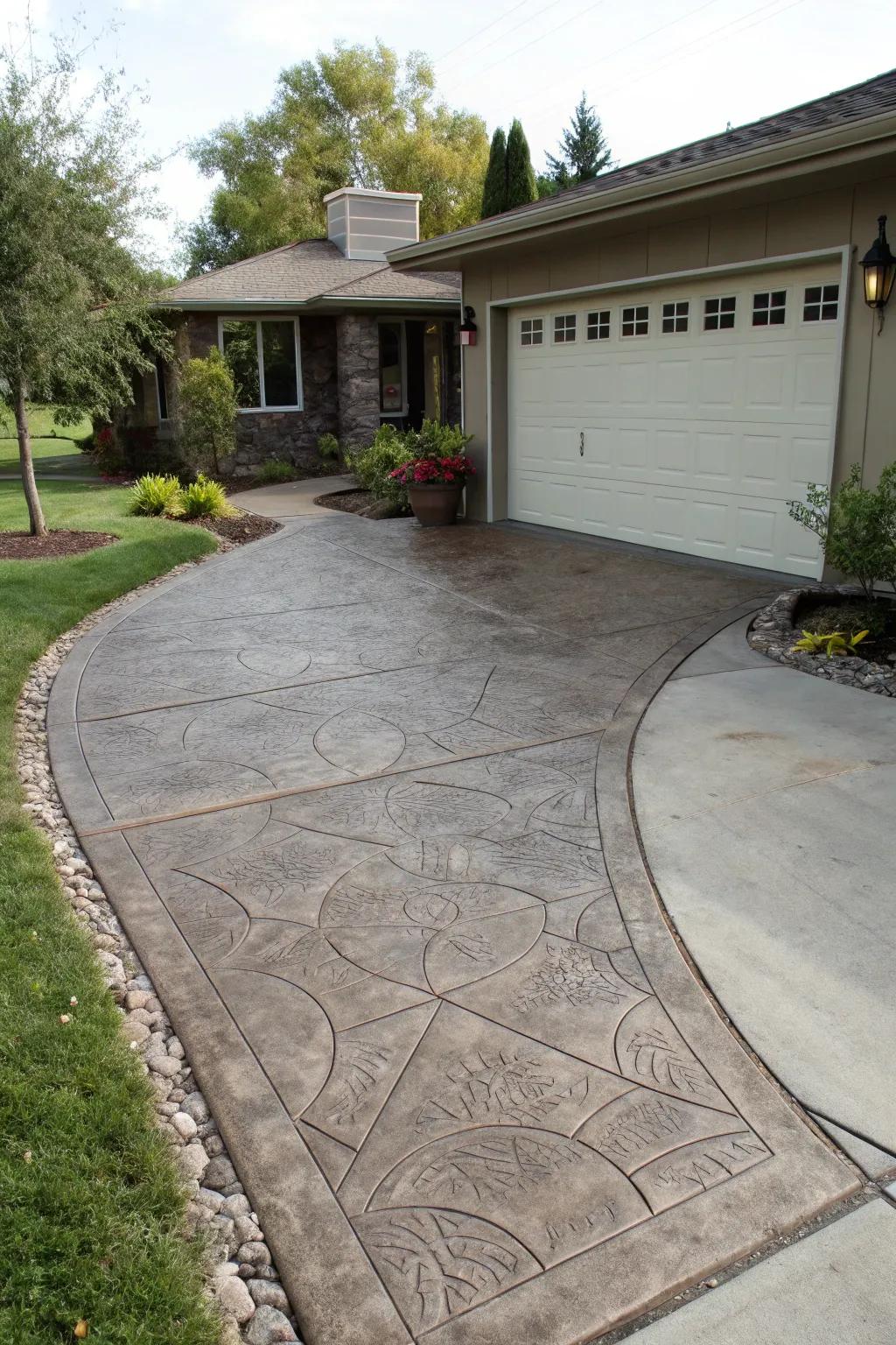 A sturdy and stylish imprinted concrete threshold enhances this driveway.