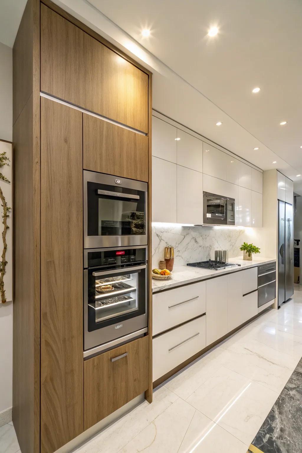 Built-in appliances create an organized and unified kitchen design.