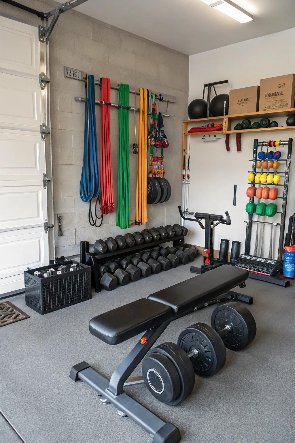 A home fitness center in the garage makes fitness easily accessible and convenient.