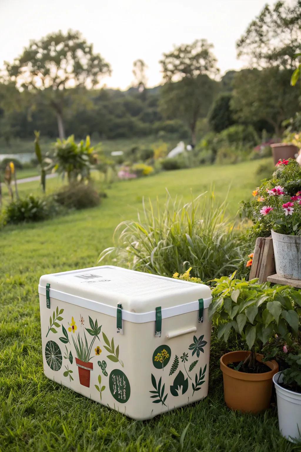 A cooler with eco-friendly graphics in a lush garden.