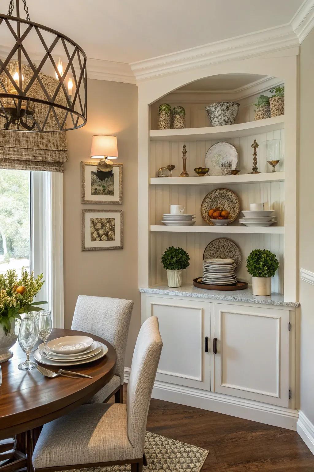 Symmetrical shelves offer balance and peace to your dining space.