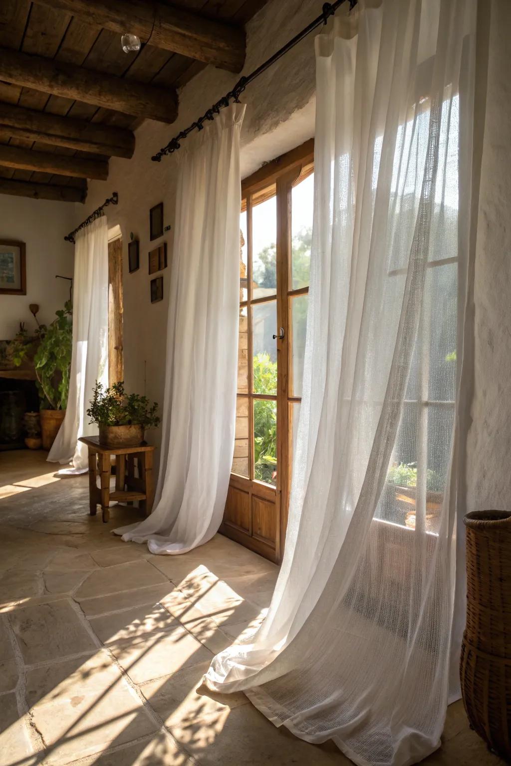 See-through window coverings provide class and gentle light diffusion.